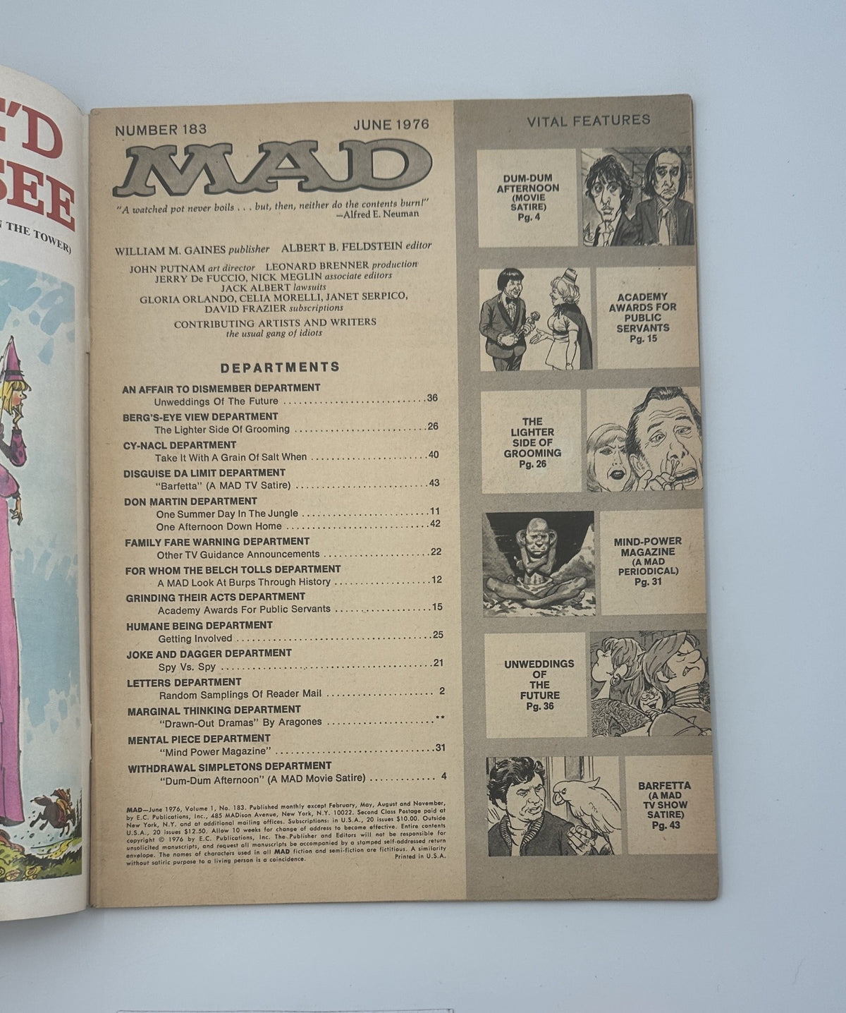 Table of Contents page from MAD Magazine No. 183 June 1976, listing various departments and features including 'Dum-Dum Afternoon' and 'Academy Awards For Public Servants'.