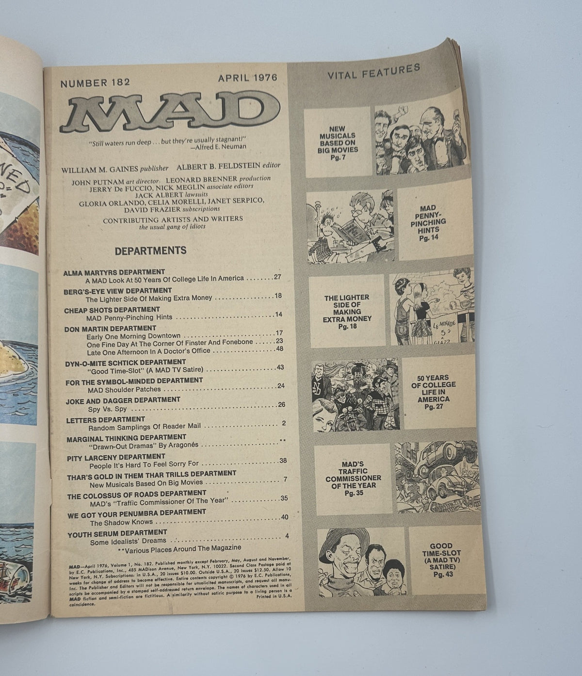 Contents page of MAD Magazine No. 182 April 1976, listing various departments and features, emphasizing the magazine's satirical take on pop culture.