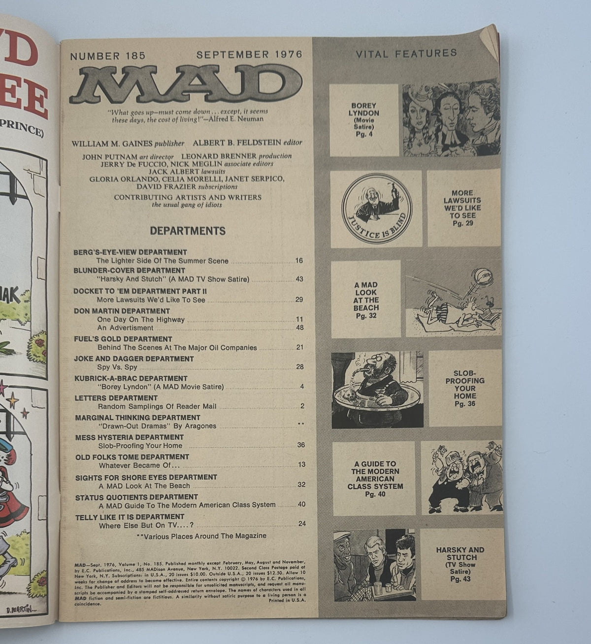 Inside page of MAD Magazine No. 185 September 1976 showcasing the Table of Contents and various department titles, highlighting the issue's features and comedic content.