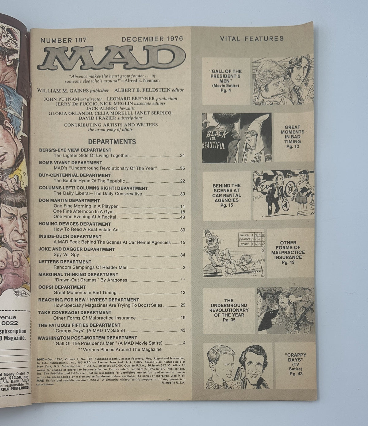 Interior page of MAD Magazine No. 187 from December 1976, featuring key departments and a preview of satire content including 'Gall Of The President’s Men' and other prominent sections.