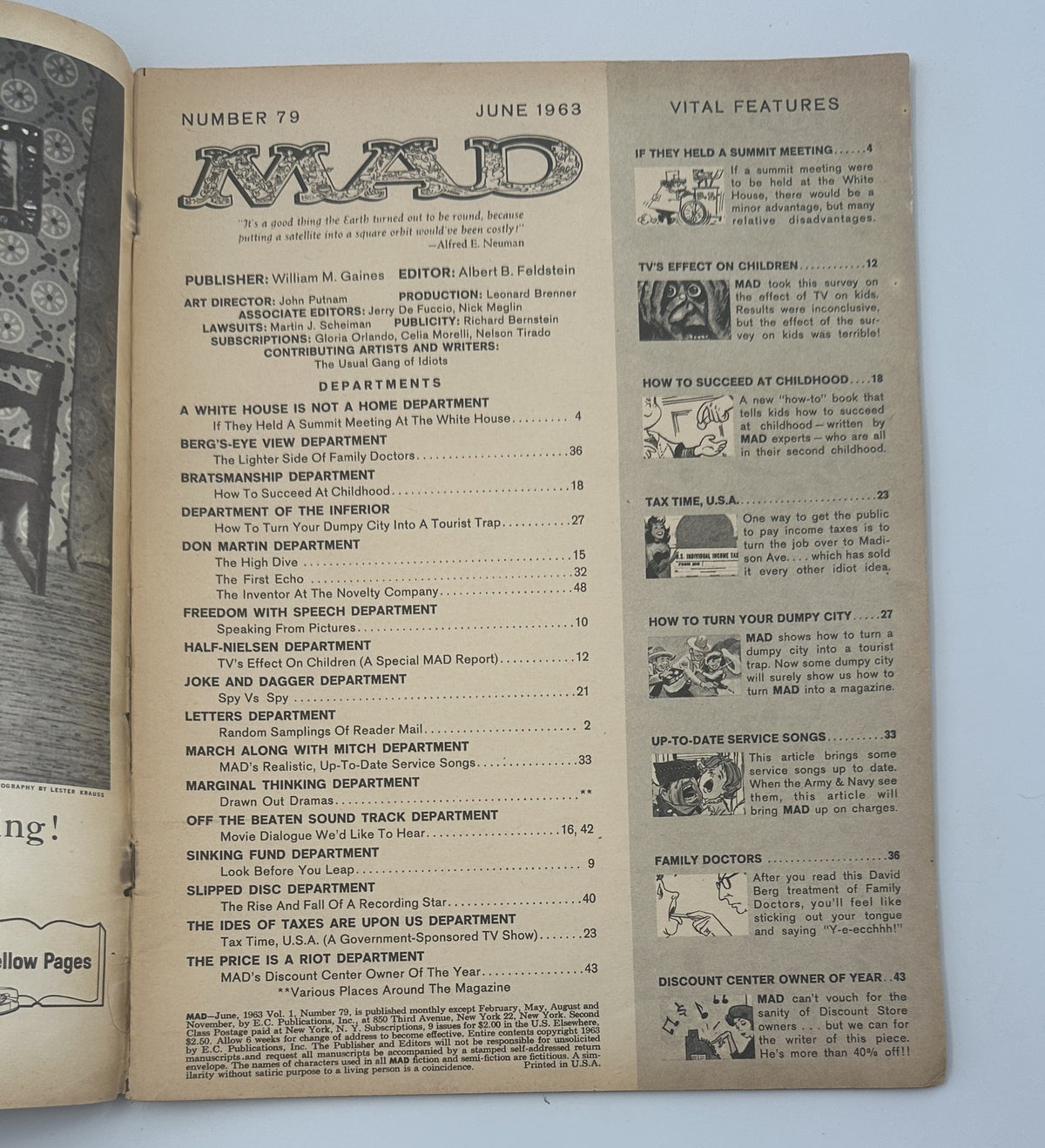 Table of contents page from MAD Magazine No. 79, June 1963, detailing various departments and features, including articles on childhood, government TV shows, and comedy segments.