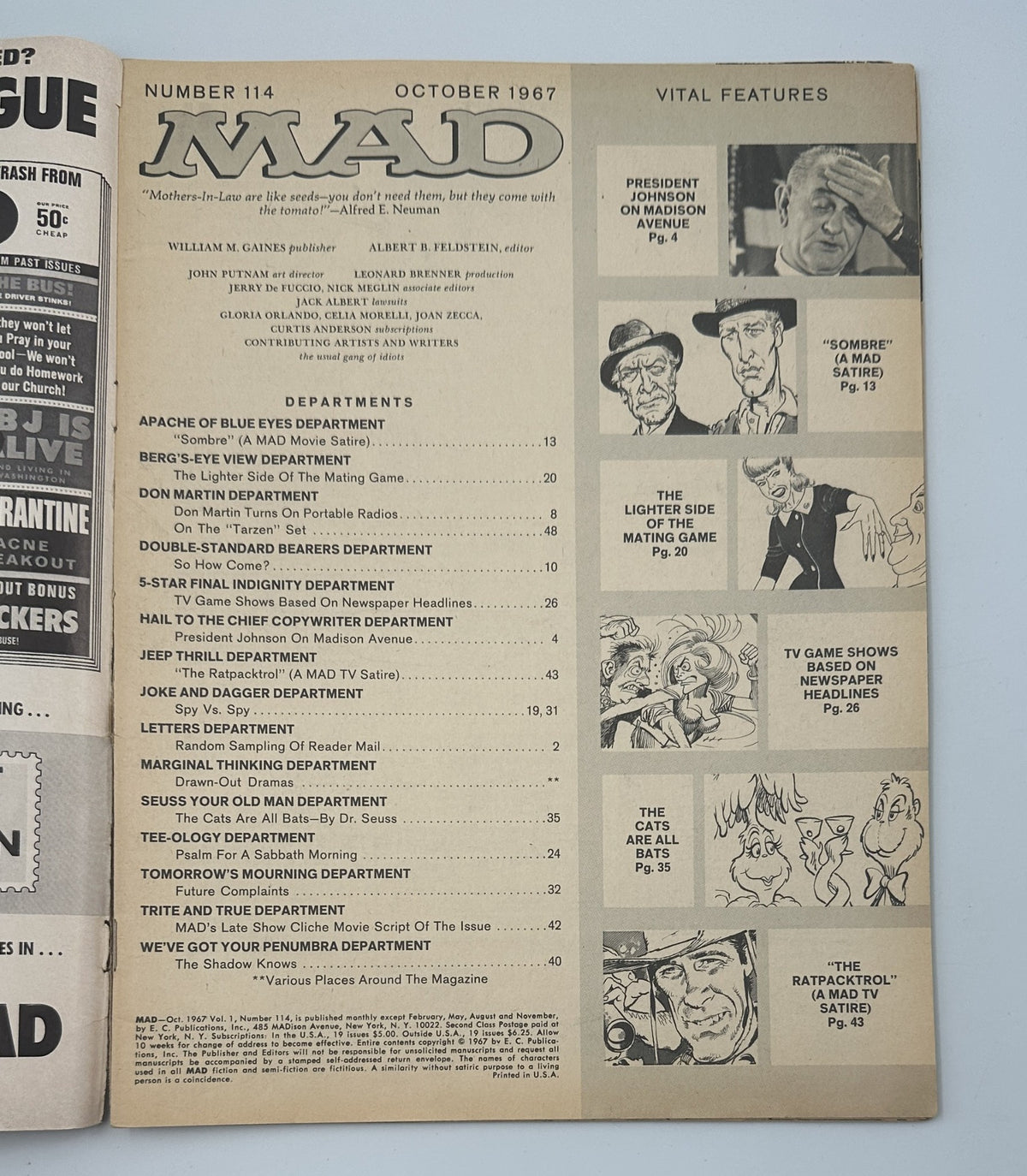 Inside page of MAD Magazine No. 114 October 1967 displaying the Table of Contents with various departments listed, including 'Apache of Blue Eyes' and 'The Lighter Side Of The Mating Game.'