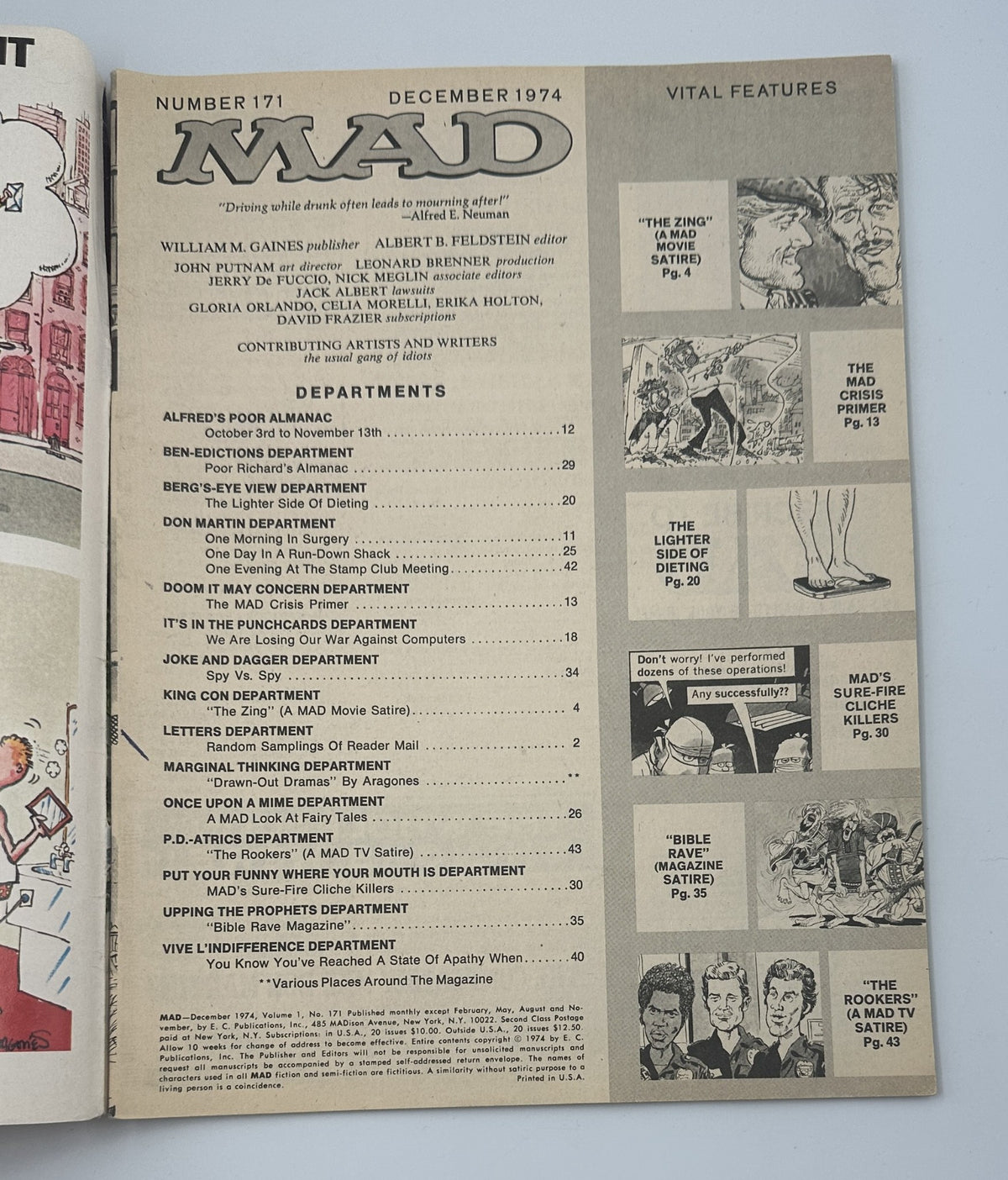 Table of contents for MAD Magazine No. 171, December 1974. This page lists various departments and features including movie satires, comic strips, and reader mail.