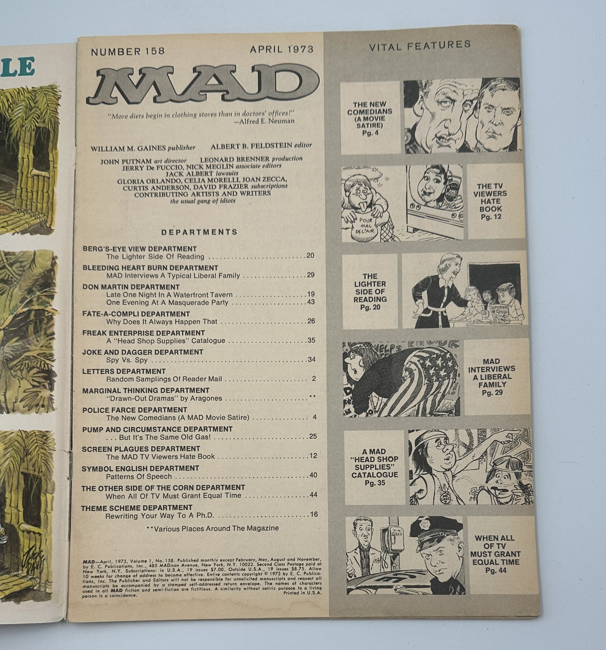 Table of Contents page from MAD Magazine No. 158, April 1973, highlighting various features and departments, including 'The New Comedians,' 'MAD Interviews A Typical Liberal Family,' and more.