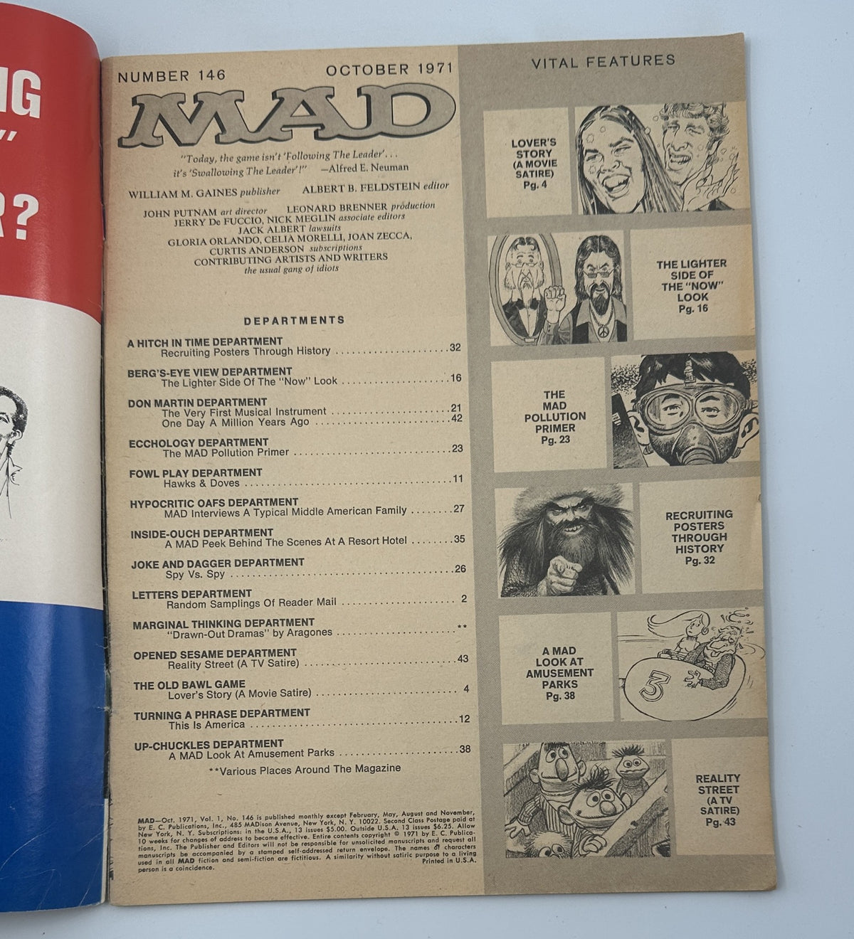 Table of Contents page from MAD Magazine No. 146, October 1971, detailing various departments and features including 'Lover's Story' and 'The MAD Pollution Primer'. The layout features a distinctive retro design typical of the magazine.