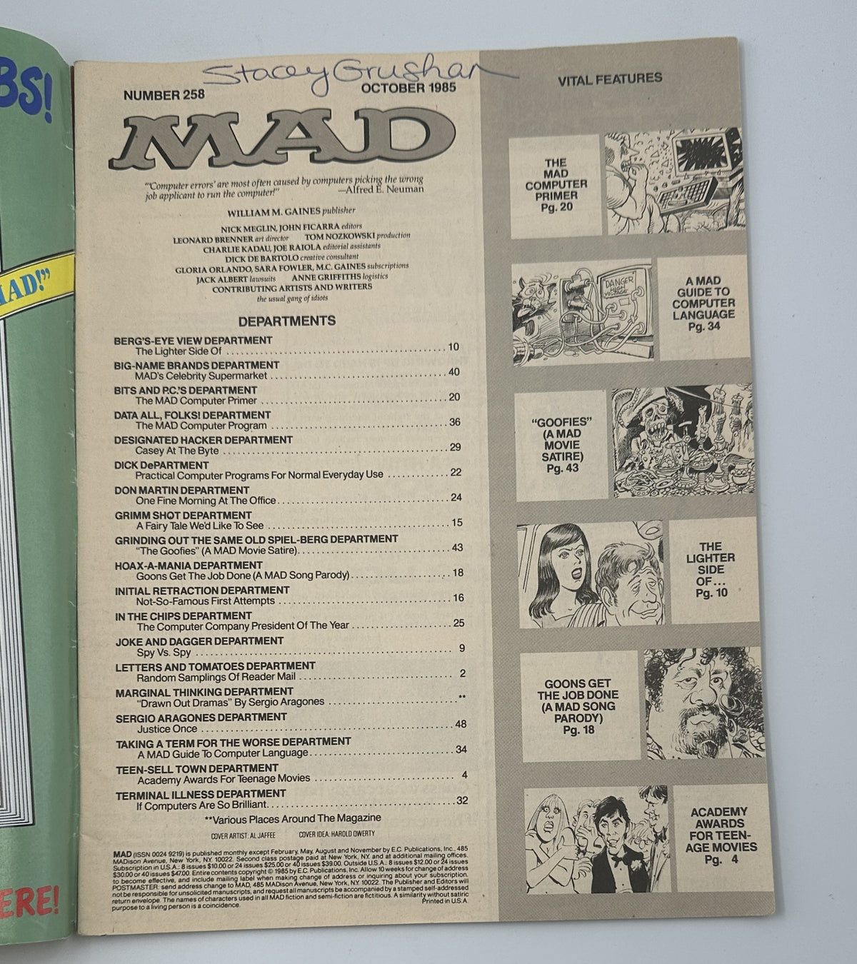 Interior page of MAD Magazine No. 258 October 1985 displaying the Table of Contents, highlighting various departments and features of the magazine, including the MAD Computer Primer.