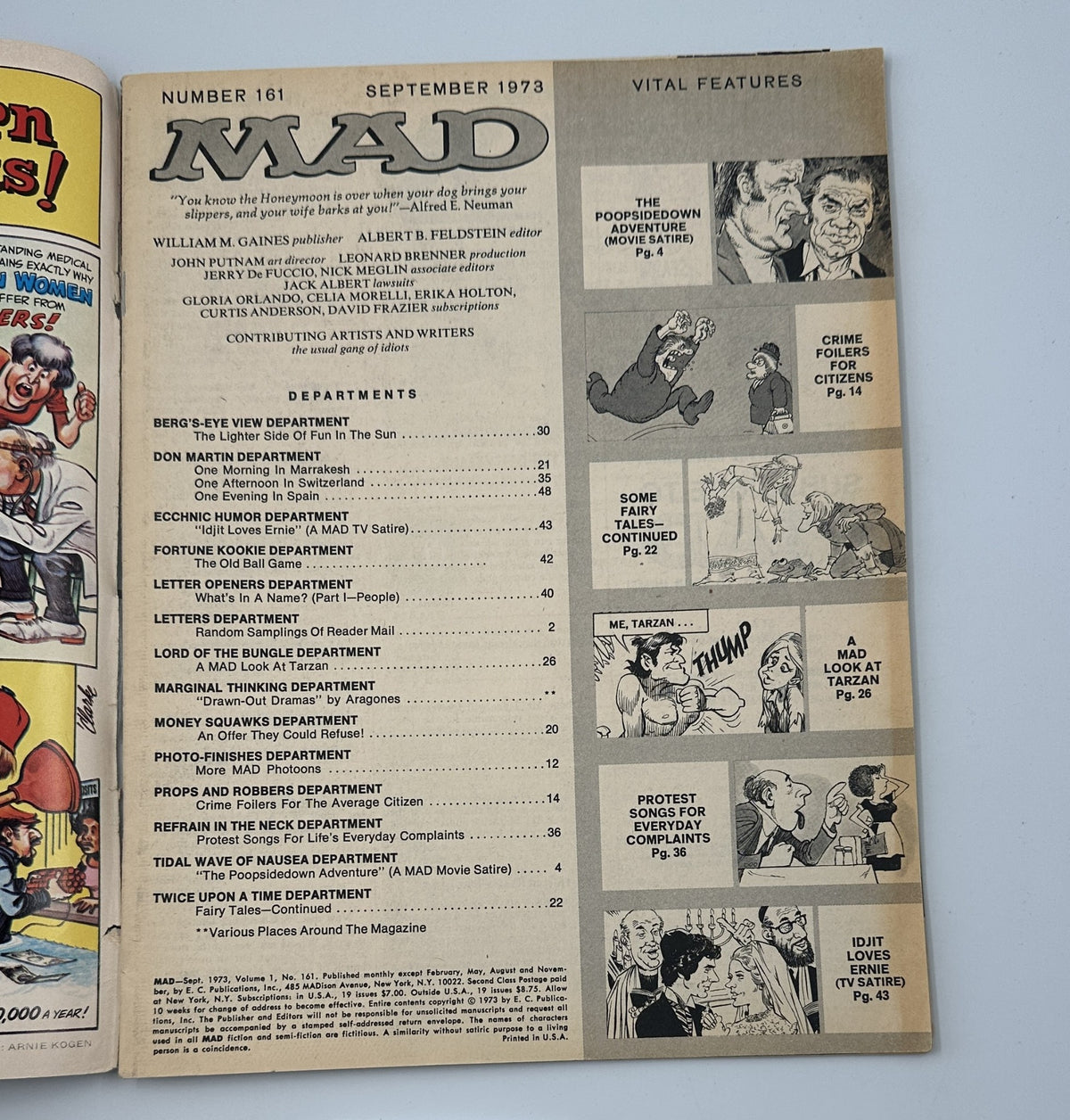 Inside page of MAD Magazine No. 161 from September 1973 displaying the Table of Contents, including features like 'The Poopsidedown Adventure' and various comic strips and articles by well-known contributors.