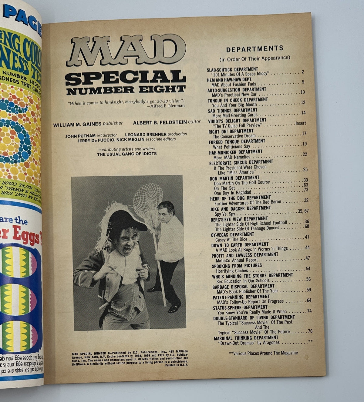 Inside page of MAD Magazine Special 1972 No. 8, showcasing the Table of Contents with various departments listed, including Slab-Schtick and Hem and Haw-Haw.