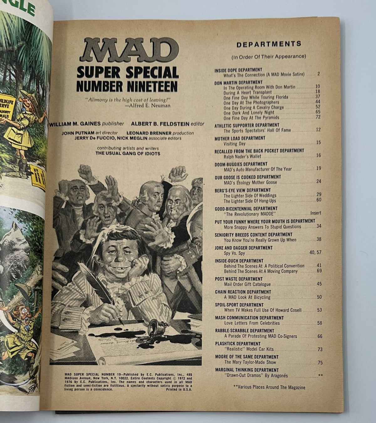 Inside page of MAD Magazine Super Special 1976 No. 19 displaying the table of contents with various departments listed, highlighting contributions from artists and writers.