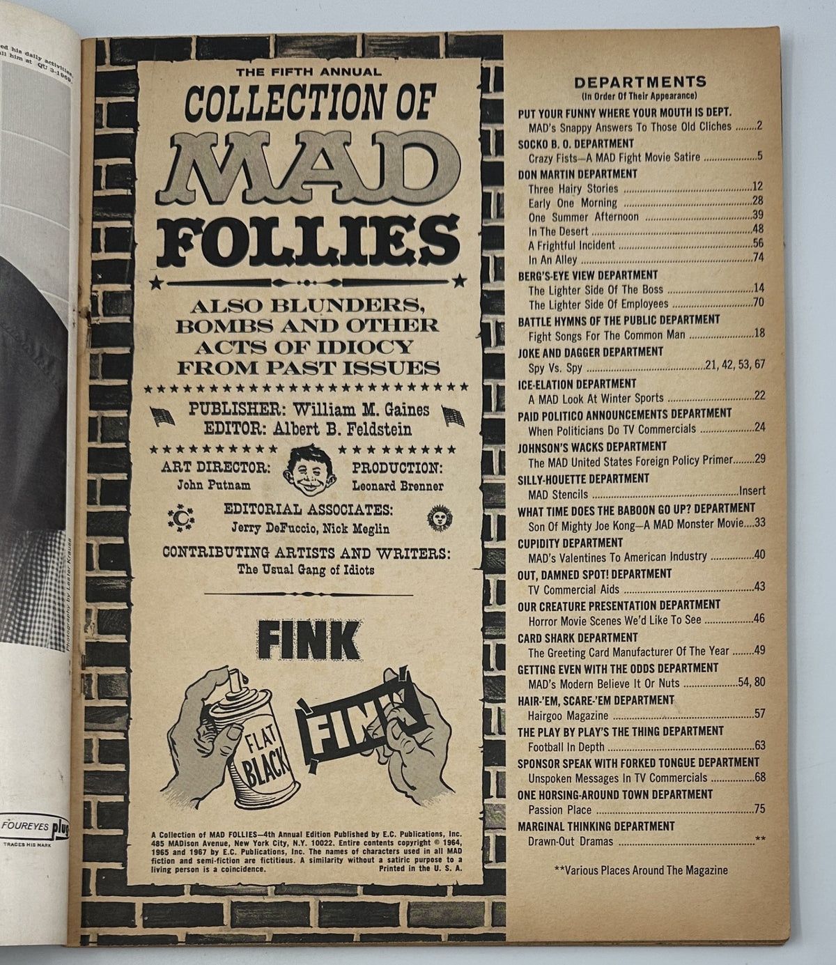 Interior page of MAD Magazine MAD 1967 Follies 5 Fifth Annual Collection displaying the table of contents with sections labeled such as departments and contributors.