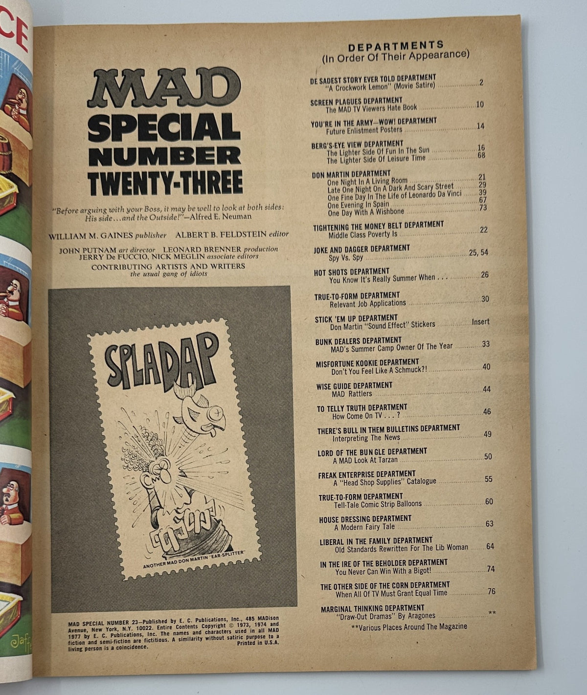 Table of contents from MAD Magazine No. 23, 1967. Lists various departments and articles including 'DON MARTIN DEPARTMENT' and 'DE SADEST STORY EVER TOLD DEPARTMENT'.