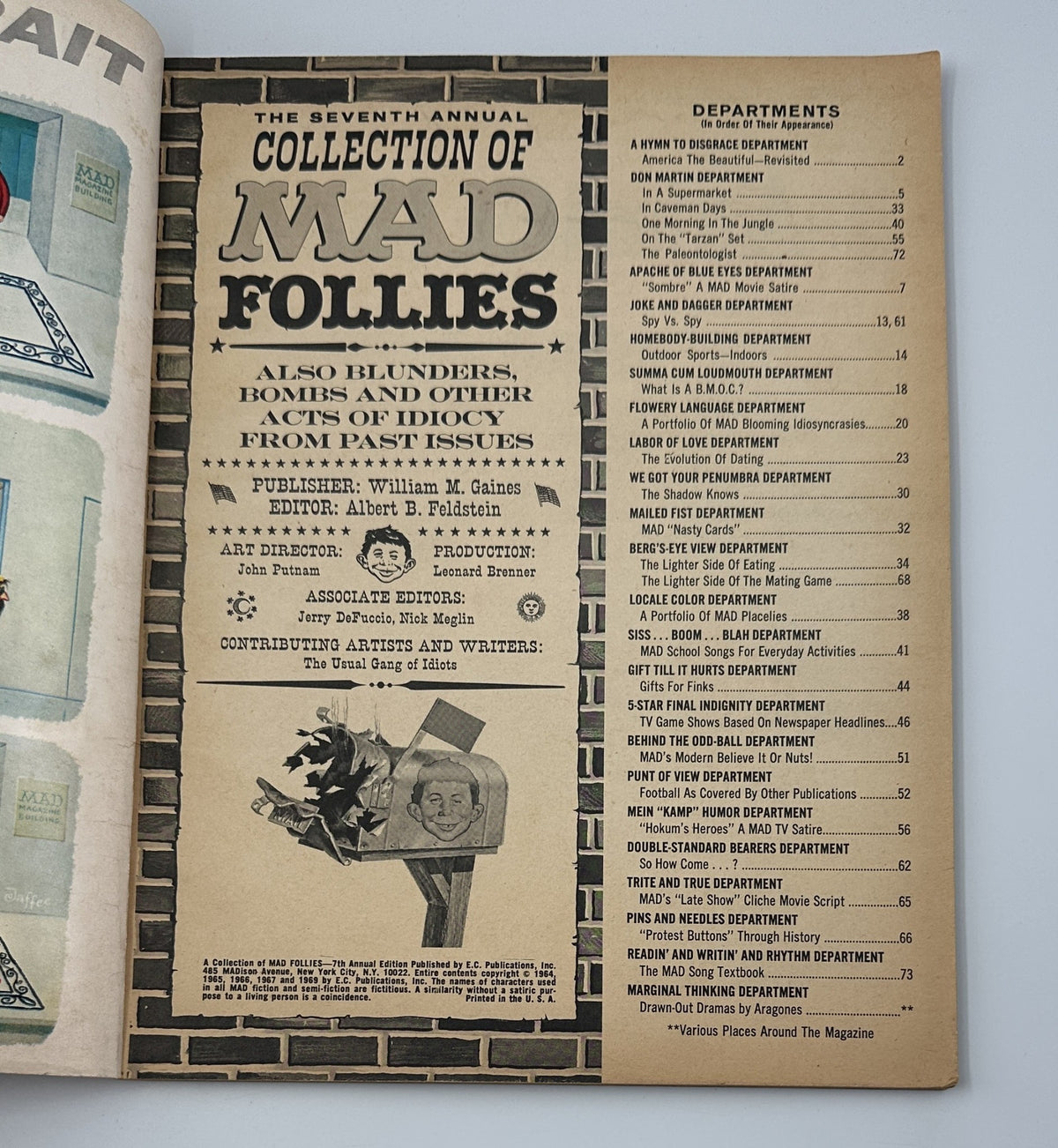 Inside page of MAD Magazine Follies No. 7 featuring the Table of Contents and various departments curated by editor Albert E. Feldstein. This page provides insights into the comedic articles and features of the issue.
