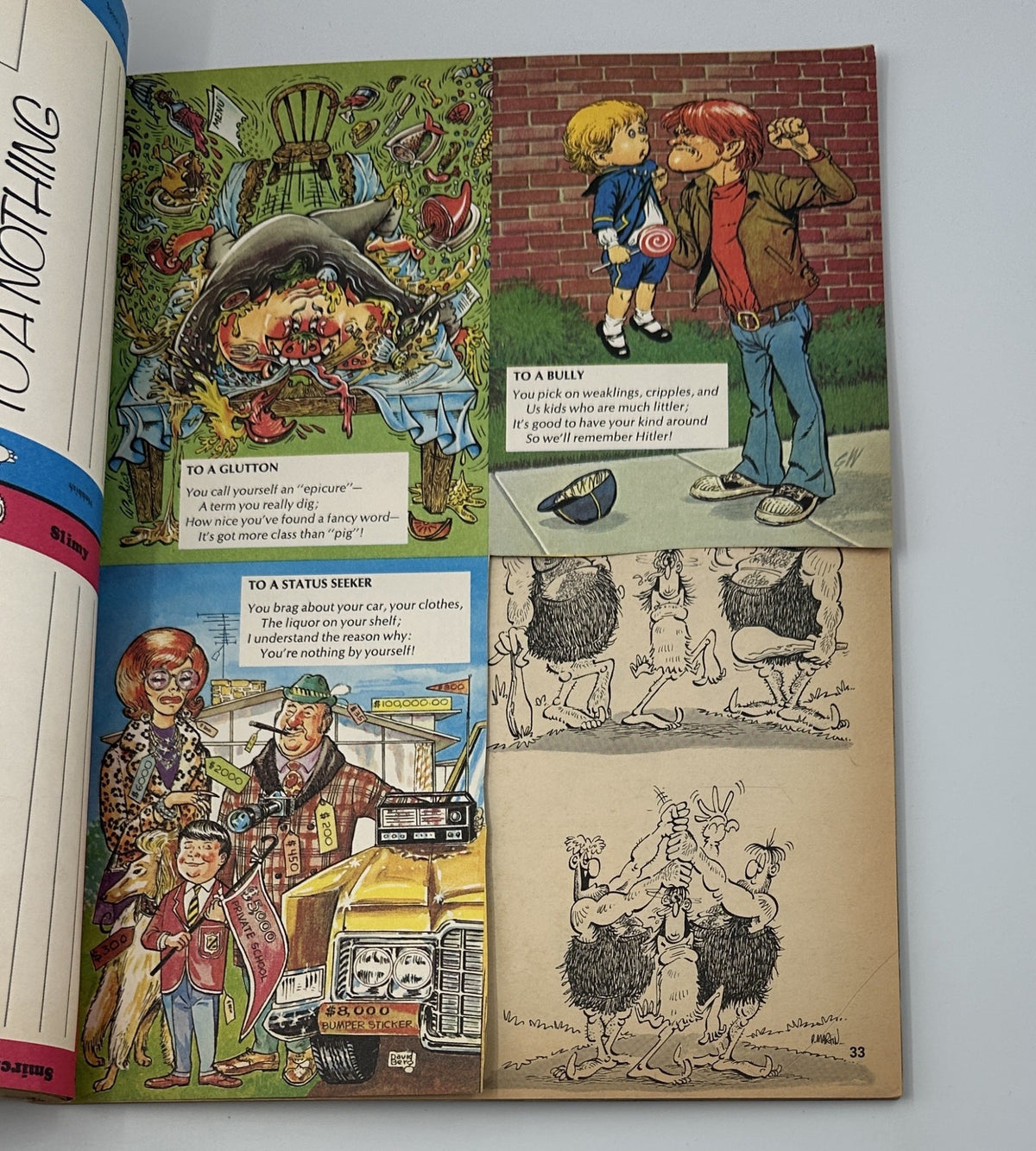 Illustrated pages from MAD Magazine Follies No. 7 showcasing humorous cards directed at various personality types, including 'To a Bully' and 'To a Slob.' These colorful illustrations highlight the magazine's satirical style.
