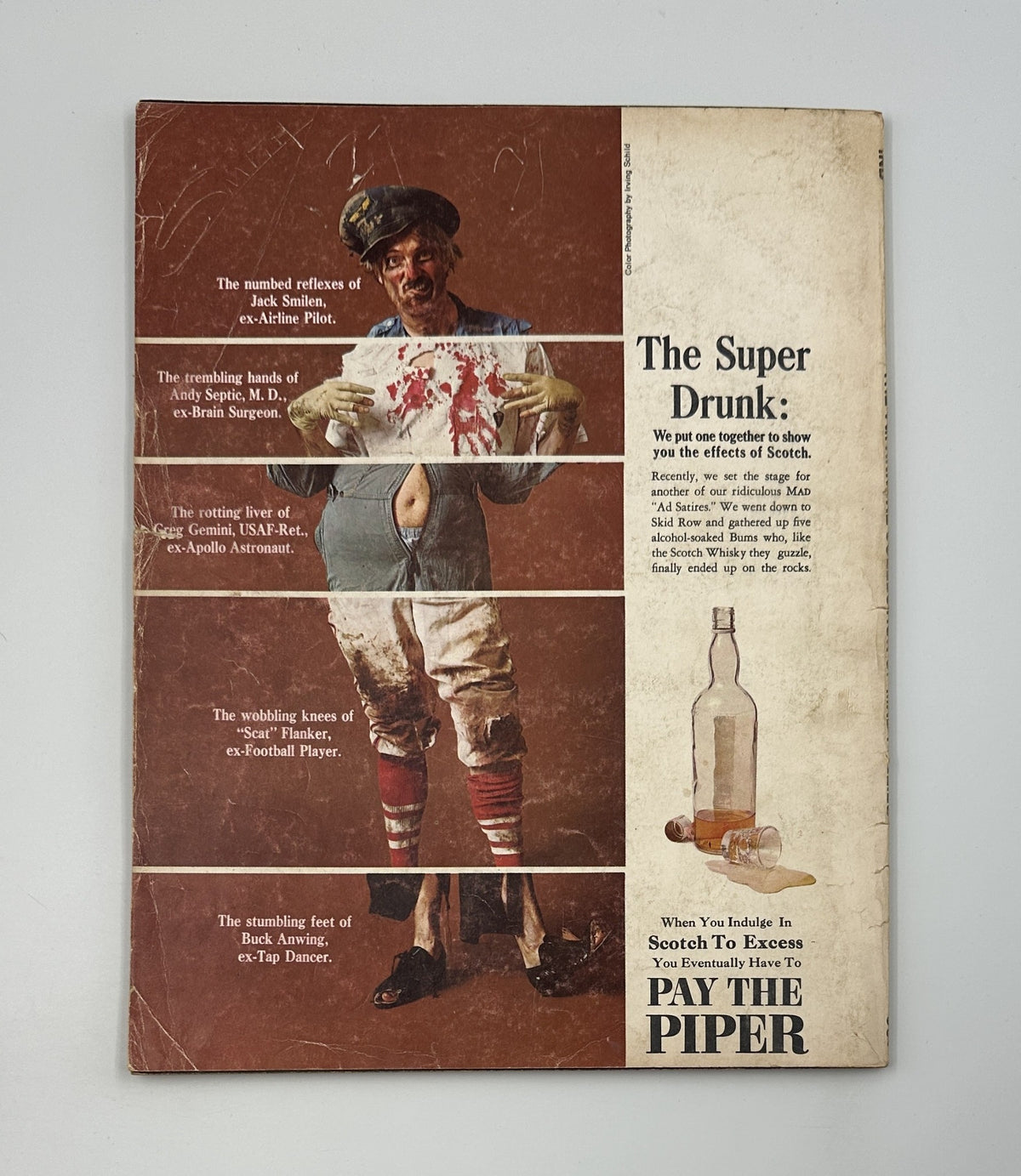 Back cover of MAD Magazine Follies No. 7 1969, illustrating a cartoon character with a humorous, exaggerated expression, accompanied by comedic text about drink issues, embodying the magazine's irreverent style.
