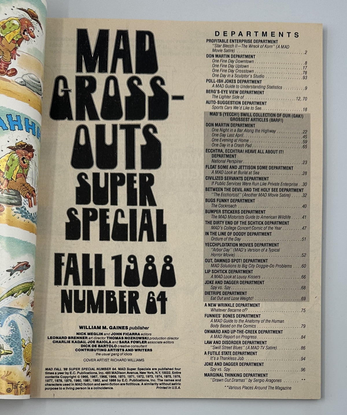 Inside page of MAD Magazine No. 64 Fall 1988 detailing the Table of Contents, highlighting various humorous departments and features such as the Don Martin Department and MAD’s Gross-Outs Special.