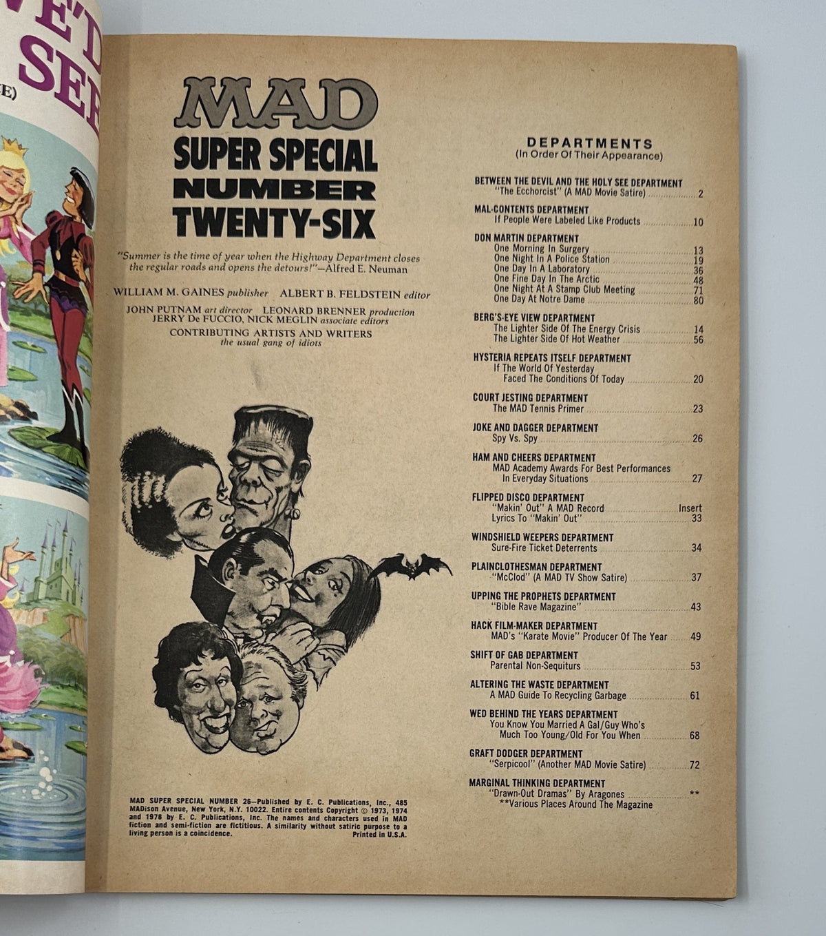 Table of contents page from MAD Magazine Super Special No. 26, highlighting various departments and satirical content including movie parodies and comedic sketches.