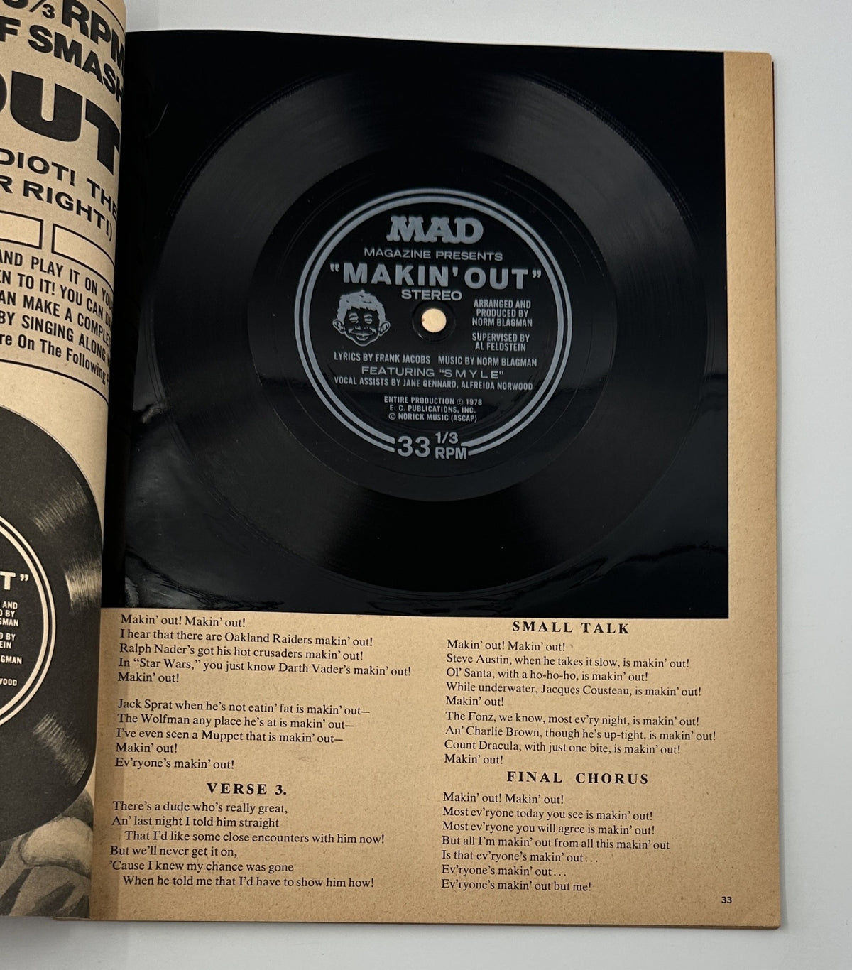 A page featuring the 'Makin’ Out' record from MAD Magazine Super Special No. 26, showcasing the lyrics and humor typical of the magazine's style.