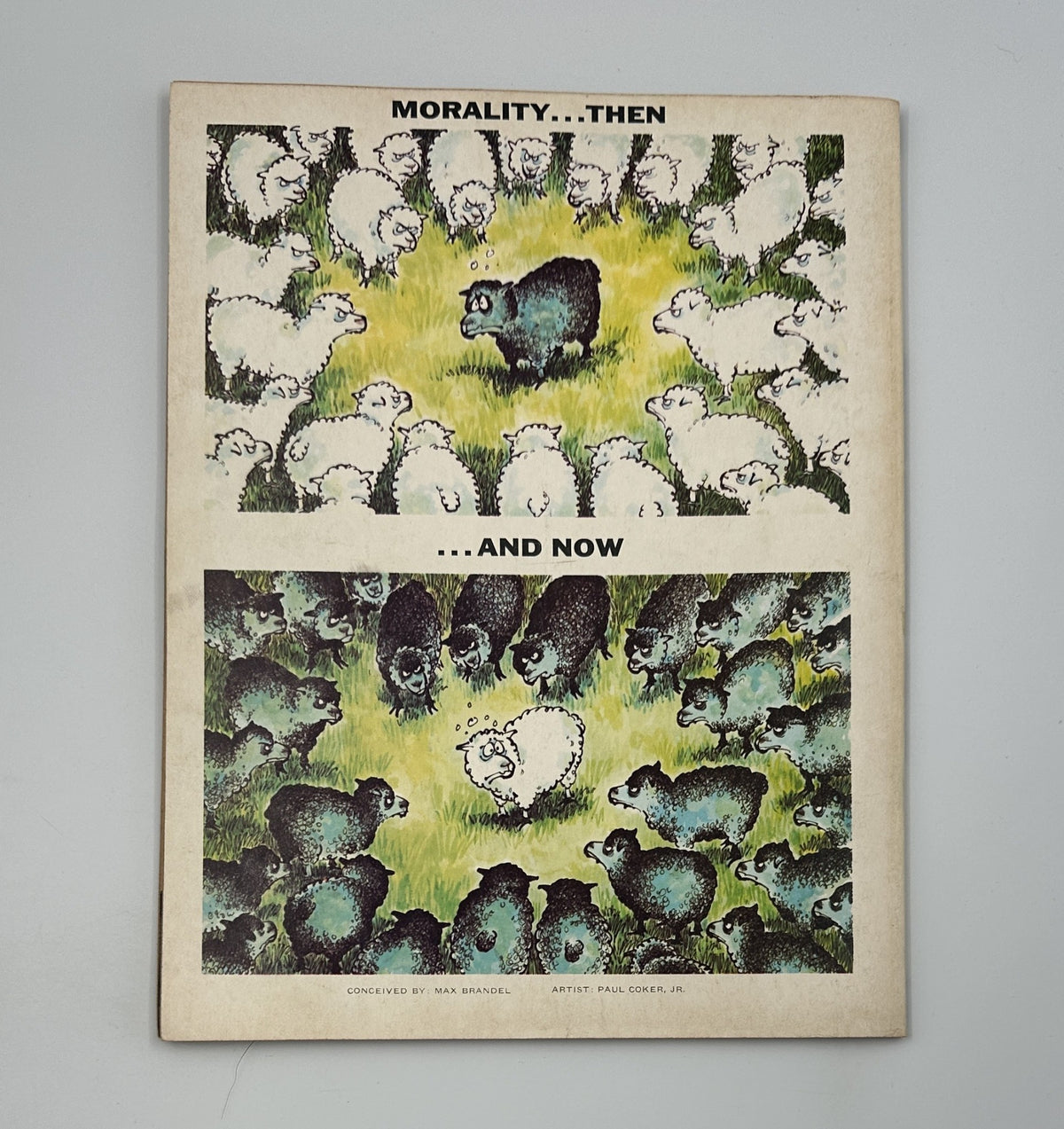 Back cover of MAD Magazine Super Special No. 26 displaying a satirical illustration titled 'Morality... Then and Now' by artist Paul Coker Jr.