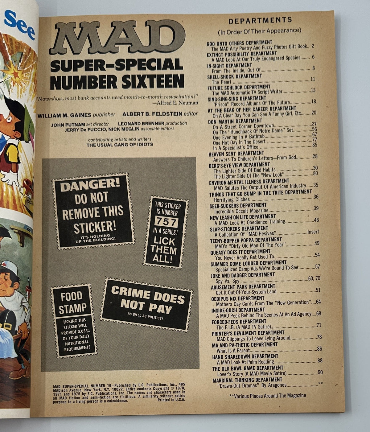 Inside page of MAD Magazine Super Special No. 16, showcasing the Table of Contents with various department titles. The layout features classic MAD Magazine satire and comic humor.