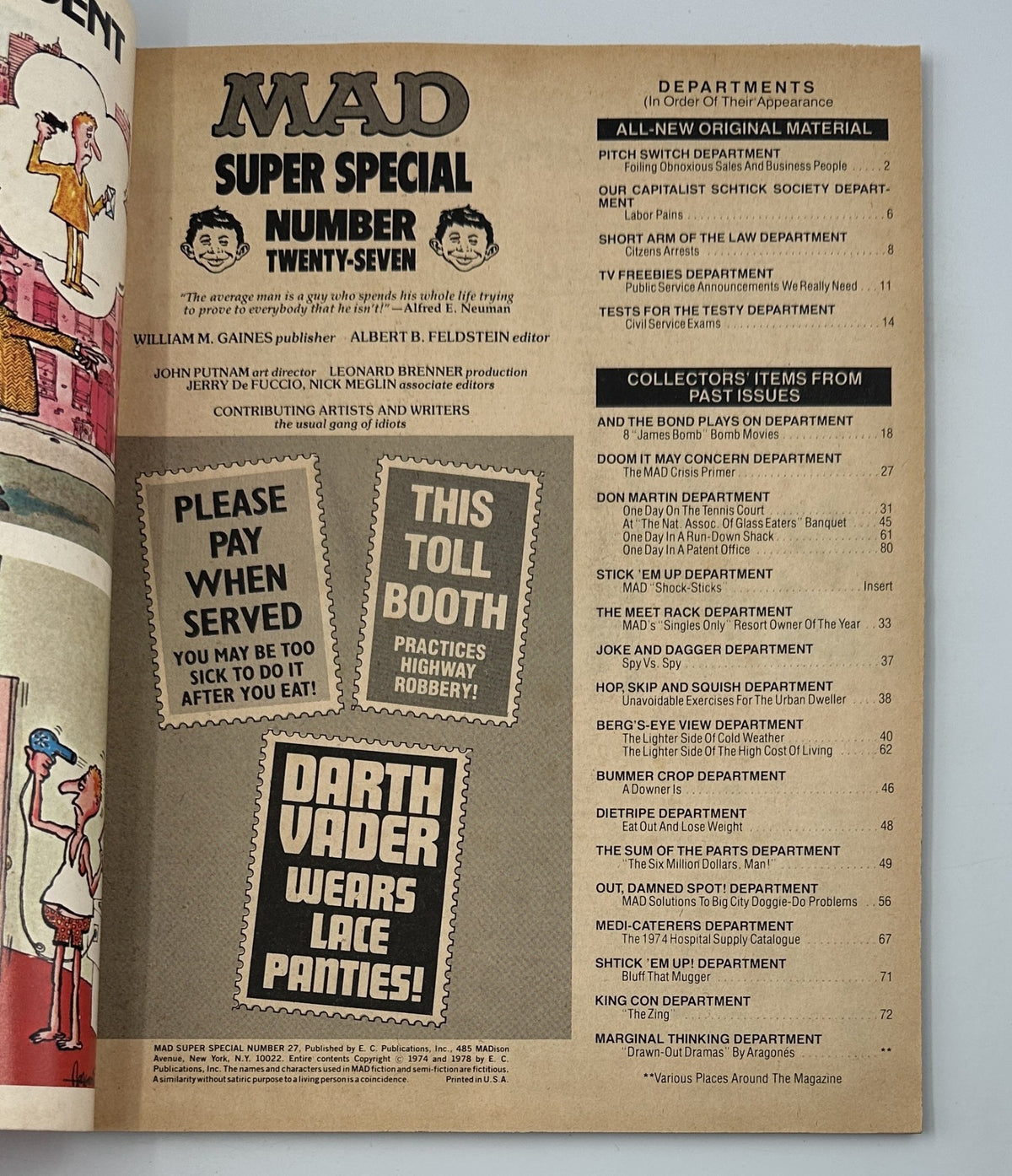 Table of contents from MAD Magazine Super Special No. 27 1978 featuring various departments including original material and collectors' items, graded Fine (FN 6.0).