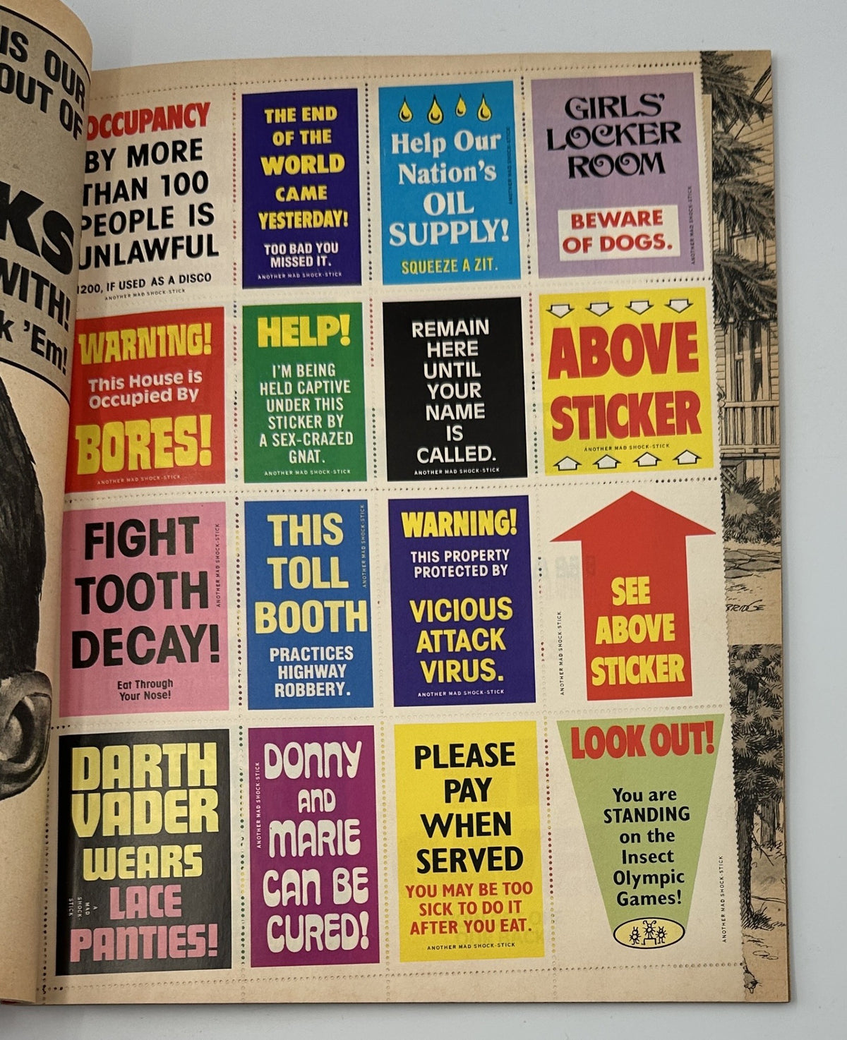 MAD Magazine Super Special No. 27 1978 promotional insert with humorous stickers related to public service announcements and quirky warnings.