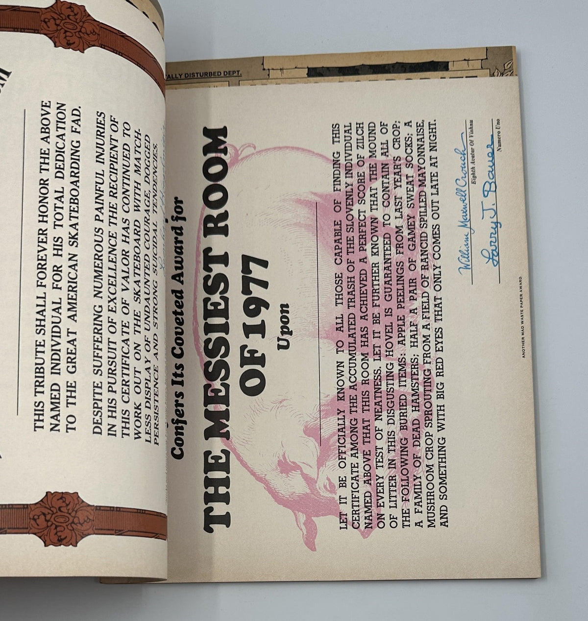 Award certificate for 'The Messiest Room of 1977' presented in MAD Magazine Special No. 22, showing humorous design elements.