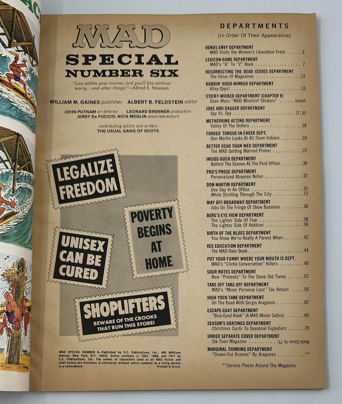 Inside page of MAD Magazine Special No. 6, showcasing the Table of Contents with various departments and humorous titles like 'Legalize Freedom' and 'Unisex Can Be Cured'. This page highlights the magazine's satirical approach.