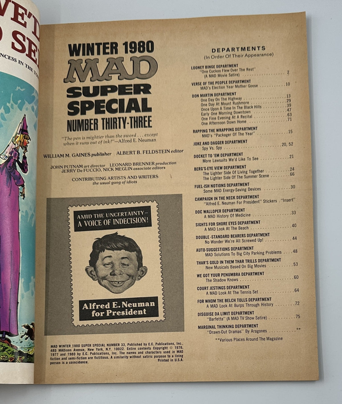 Inside page of MAD Magazine Super Special No. 33 from Winter 1980 showcasing the Table of Contents, with various departments and humorous content listings.