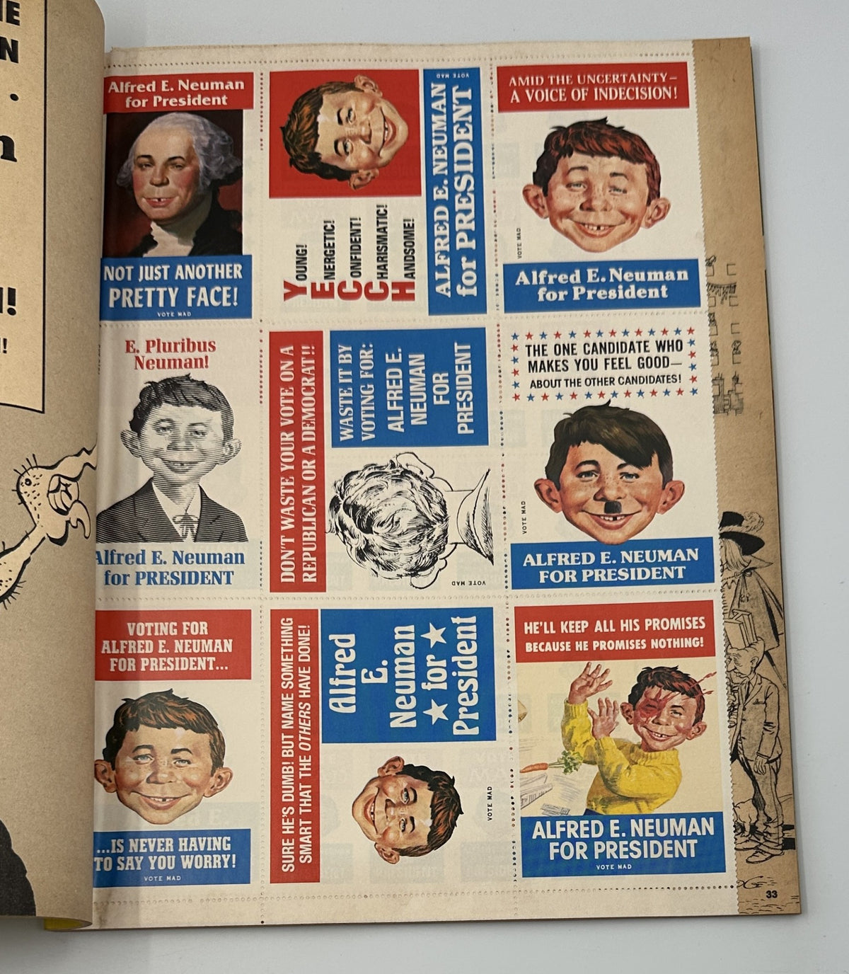 Inside page of MAD Magazine Super Special No. 33 from Winter 1980 displaying stickers featuring Alfred E. Neuman for President, highlighting the comedic style typical of MAD Magazine.