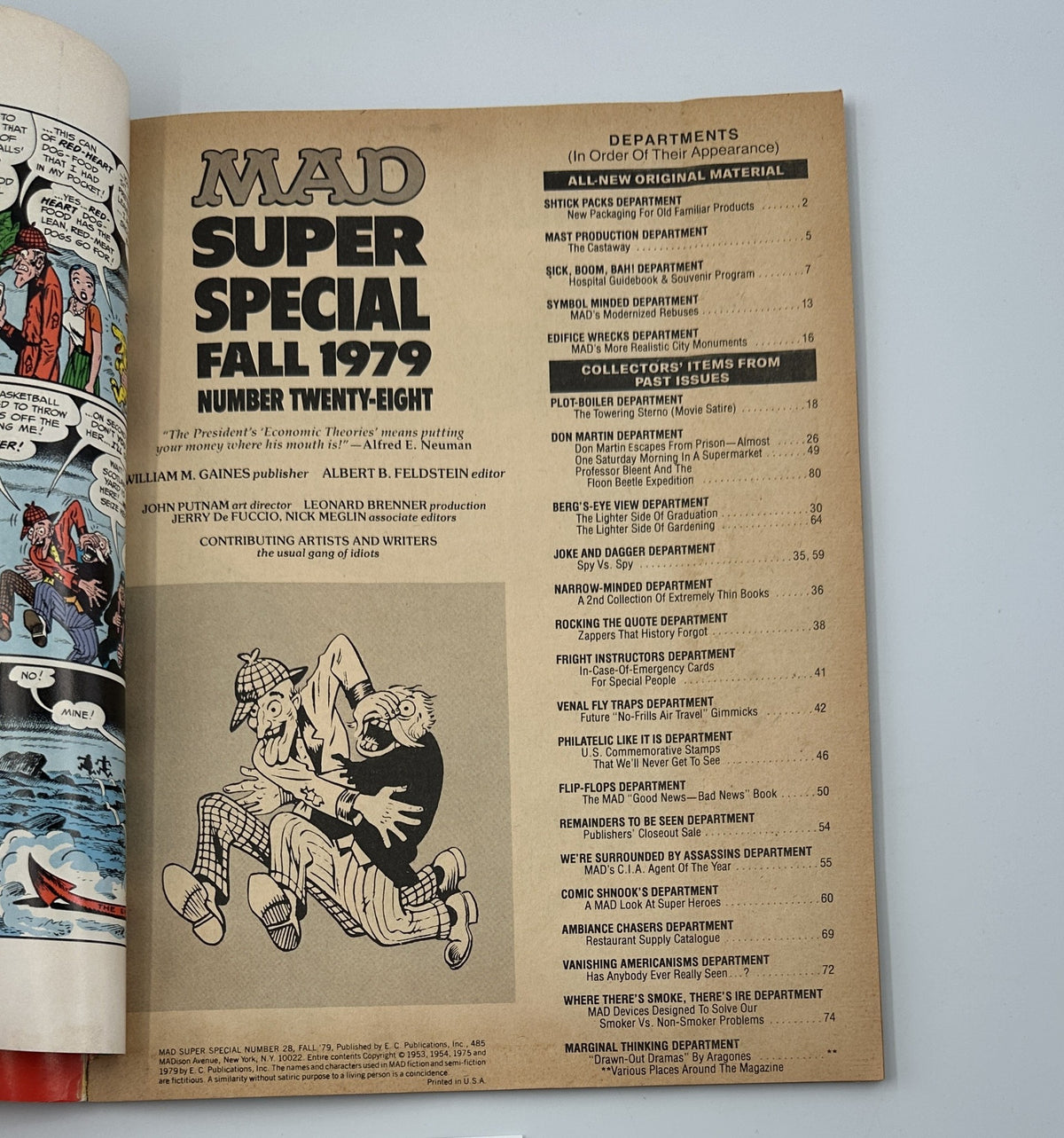 Contents page from MAD Magazine Super Special No. 28 Fall 1979 listing various departments and original material with humorous illustrations.
