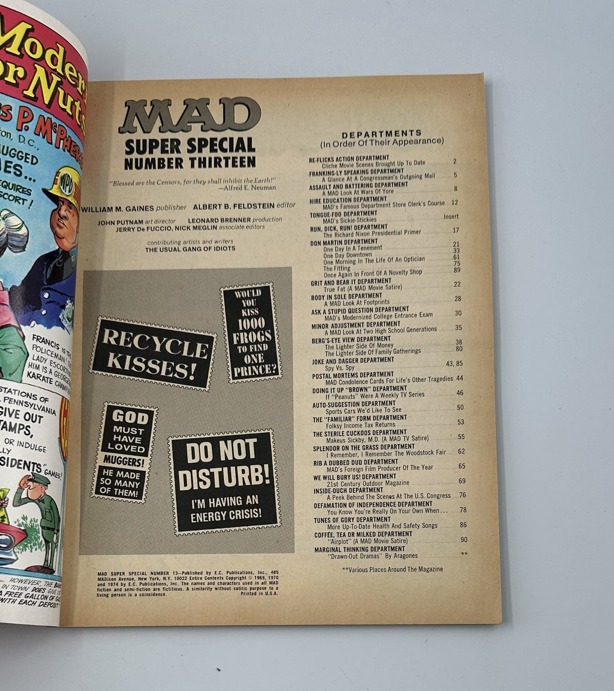 MAD Magazine Super Special No. 13 1974 featuring pages with humorous content, including various departments and illustrated jokes, showcasing the magazine's iconic satirical style.