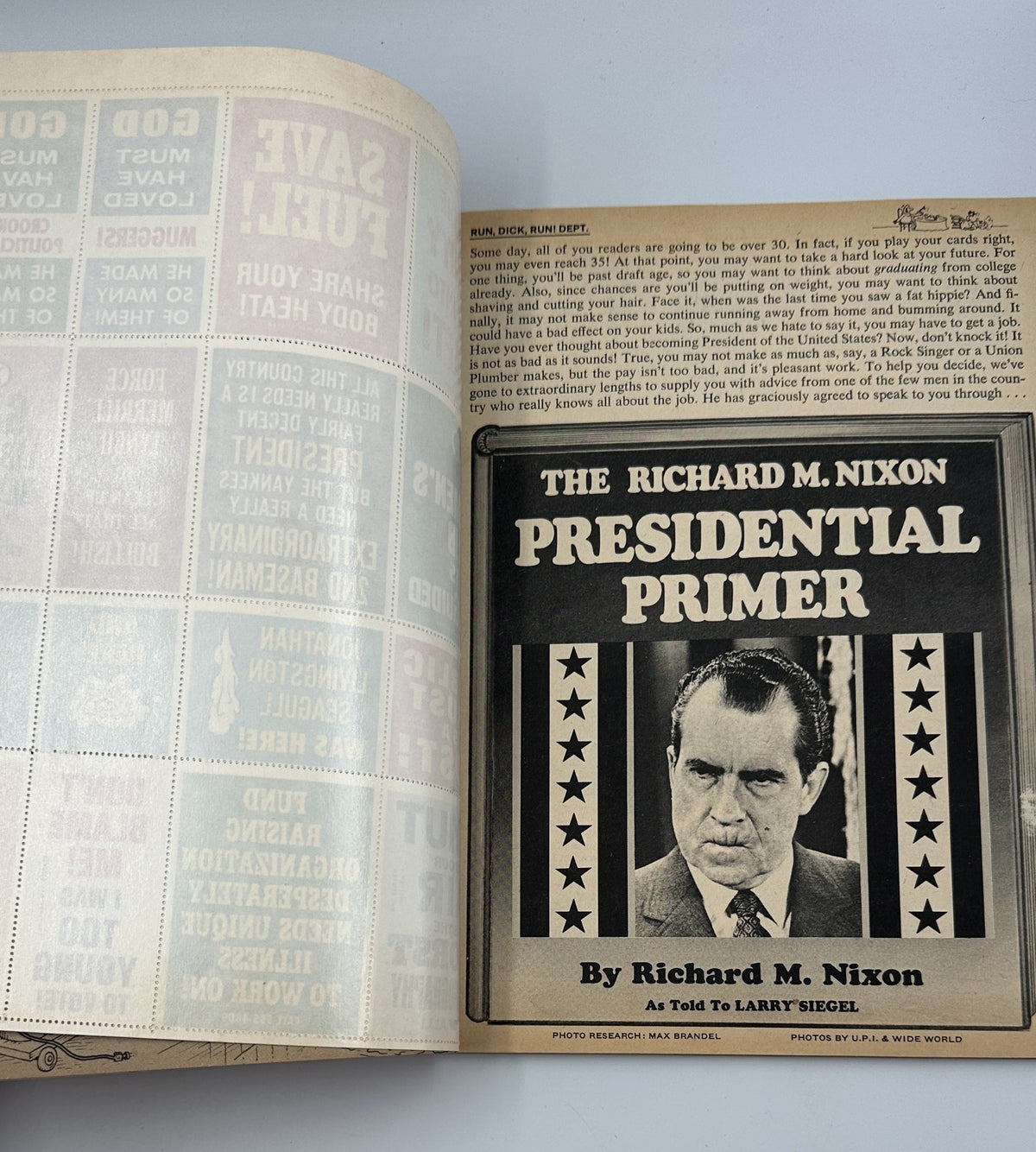 President Richard Nixon featured in MAD Magazine Super Special No. 13 1974, with a humorous take on his presidency in the section titled 'Presidential Primer'.