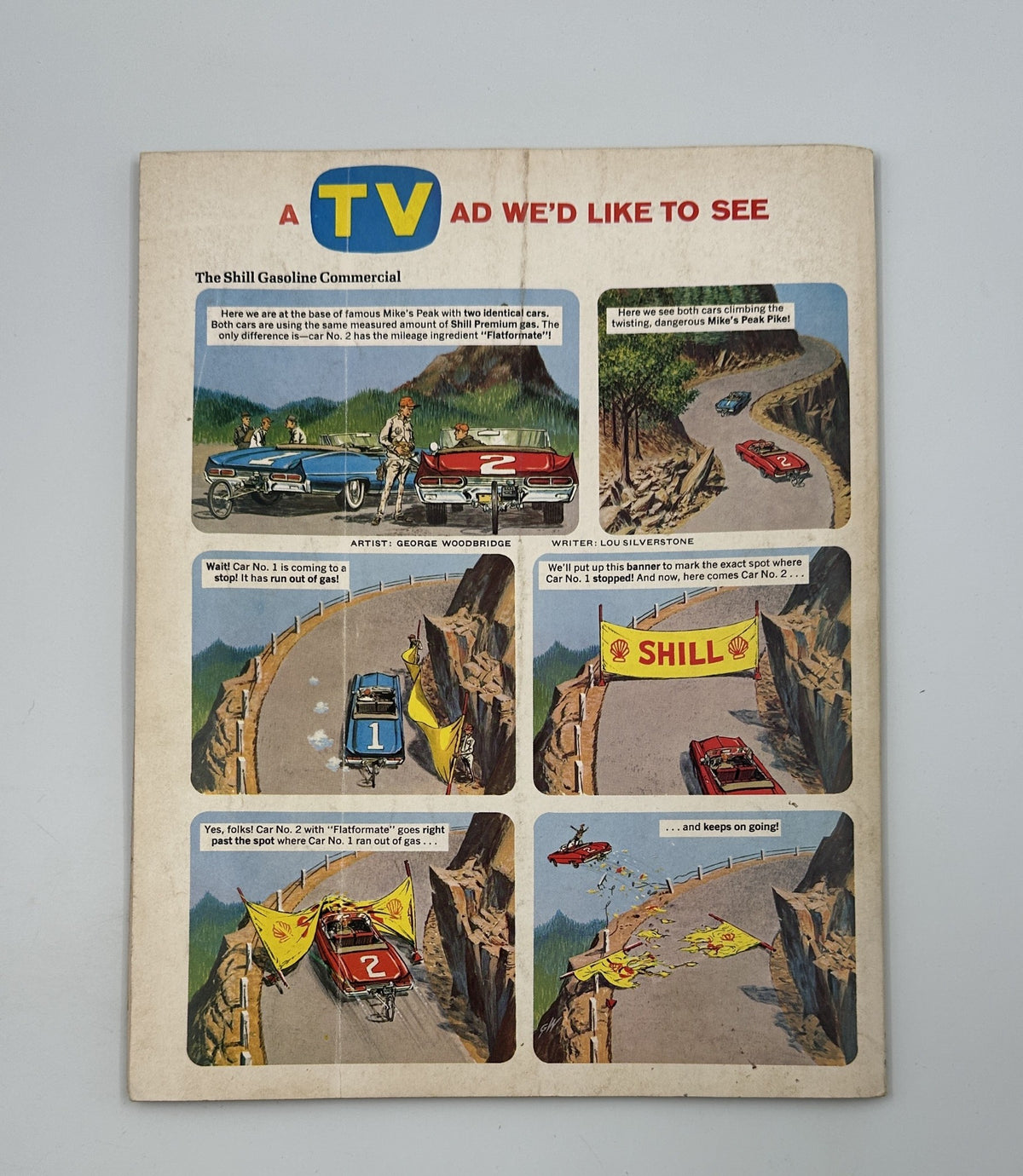Back cover of MAD Magazine Super Special No. 5 featuring a humorous TV ad illustration related to Shill Gasoline, emphasizing the magazine's comedic style.