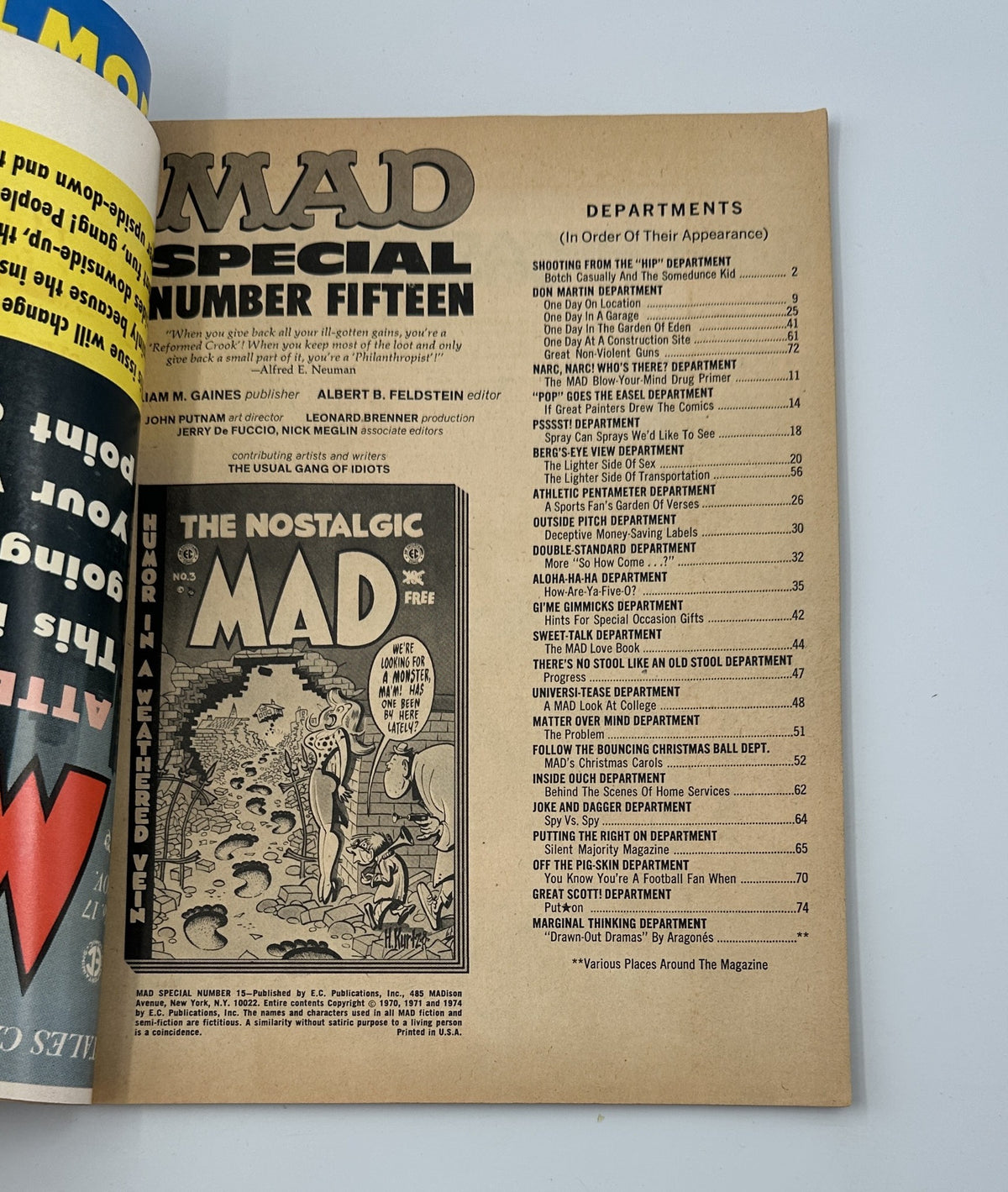 Inside page of MAD Magazine Super Special No. 15 with the title 'MAD SPECIAL NUMBER FIFTEEN' and a list of departments and contents, highlighting the nostalgic theme.