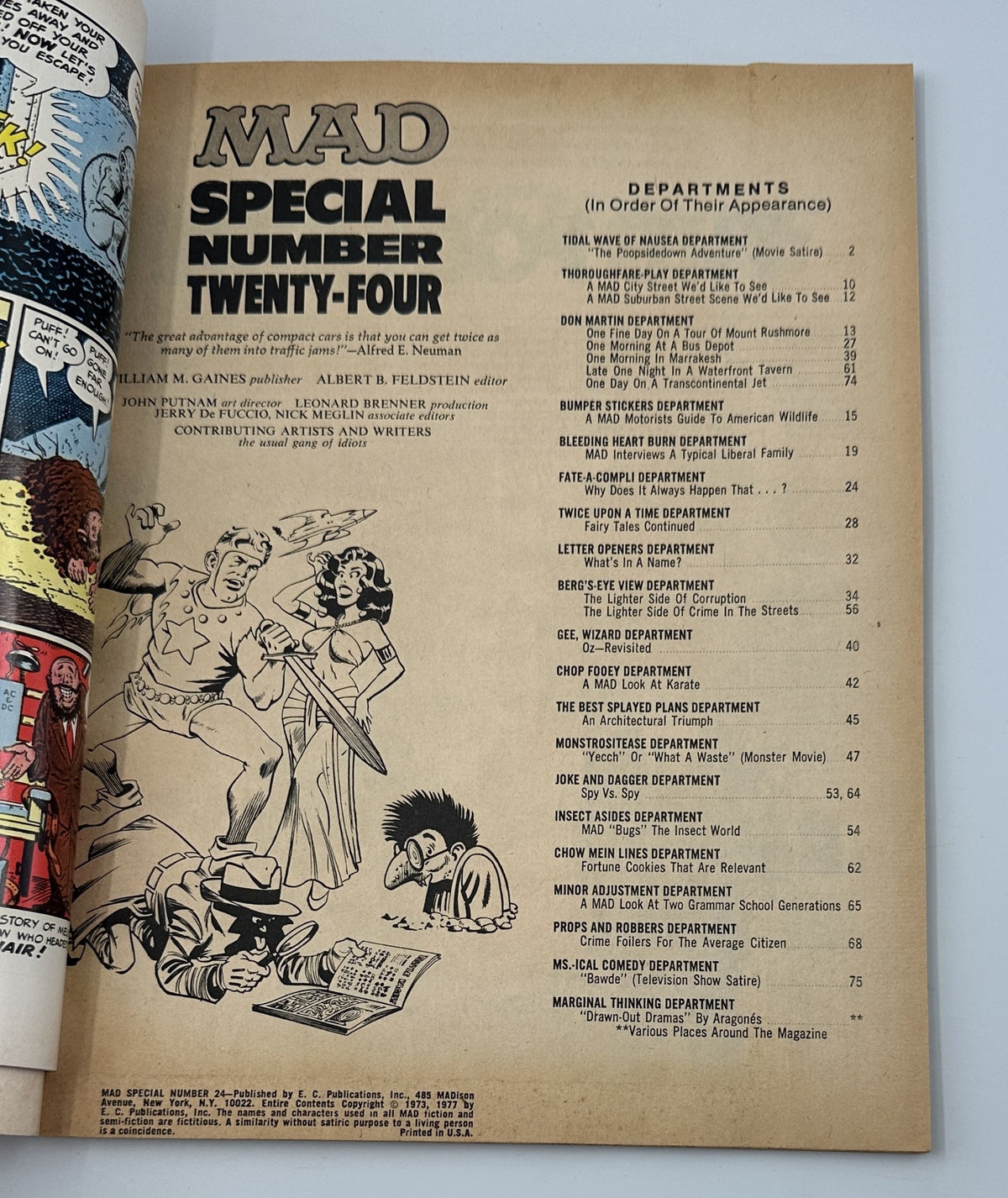 Interior page of MAD Magazine Super Special No. 24 showcasing the Table of Contents, listing various departments and satirical features included in the issue.