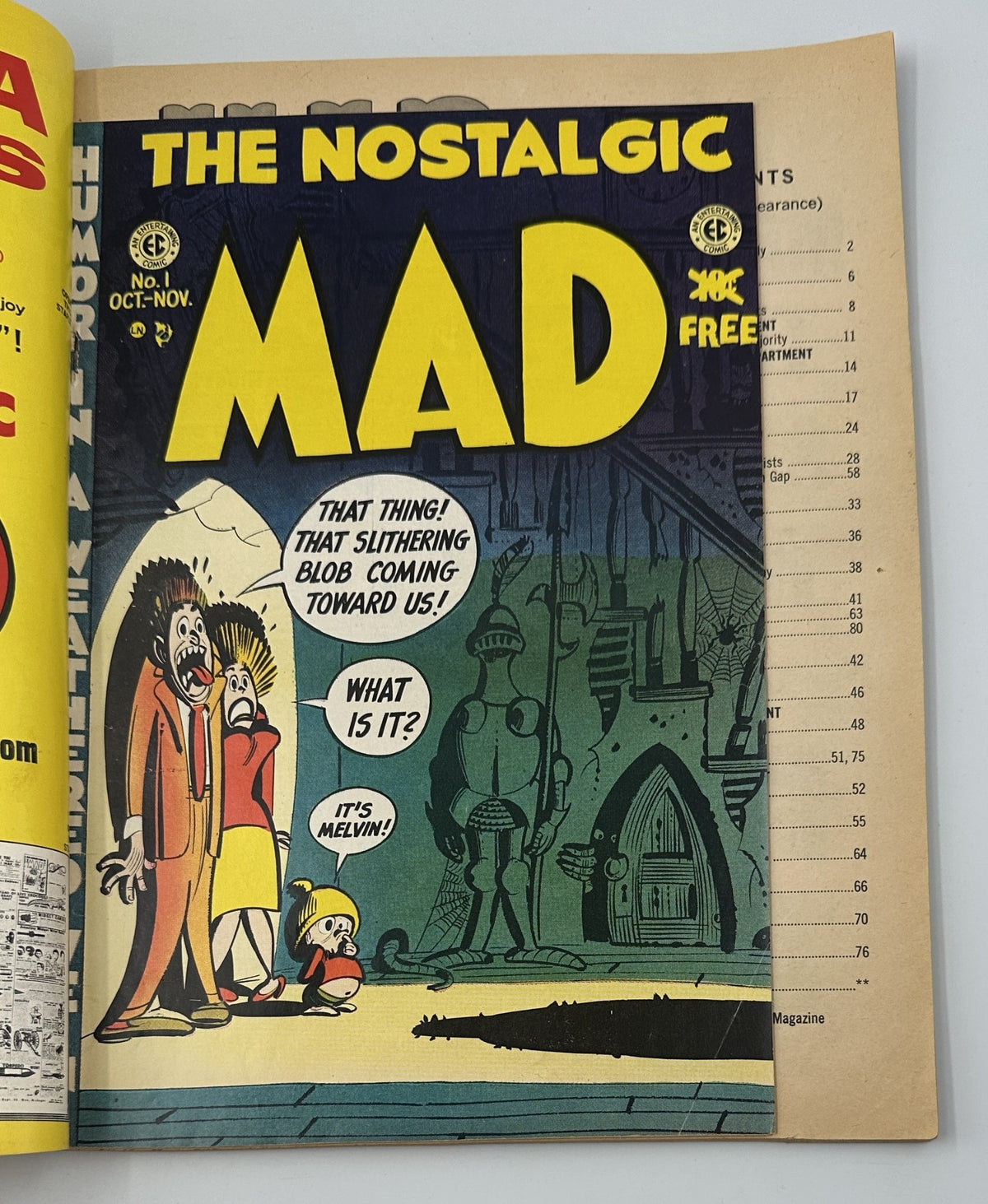 Inside page of MAD Magazine Super Special No. 9 showing 'THE NOSTALGIC MAD' comic cover with characters reacting to a cartoon threat, capturing the humorous essence of the magazine.