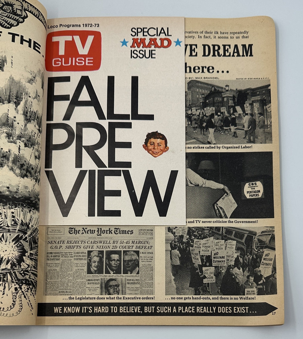 Special insert page from MAD Magazine Super Special No. 8 1972 titled 'TV Guise Fall Preview', showcasing political cartoon content from 1972.