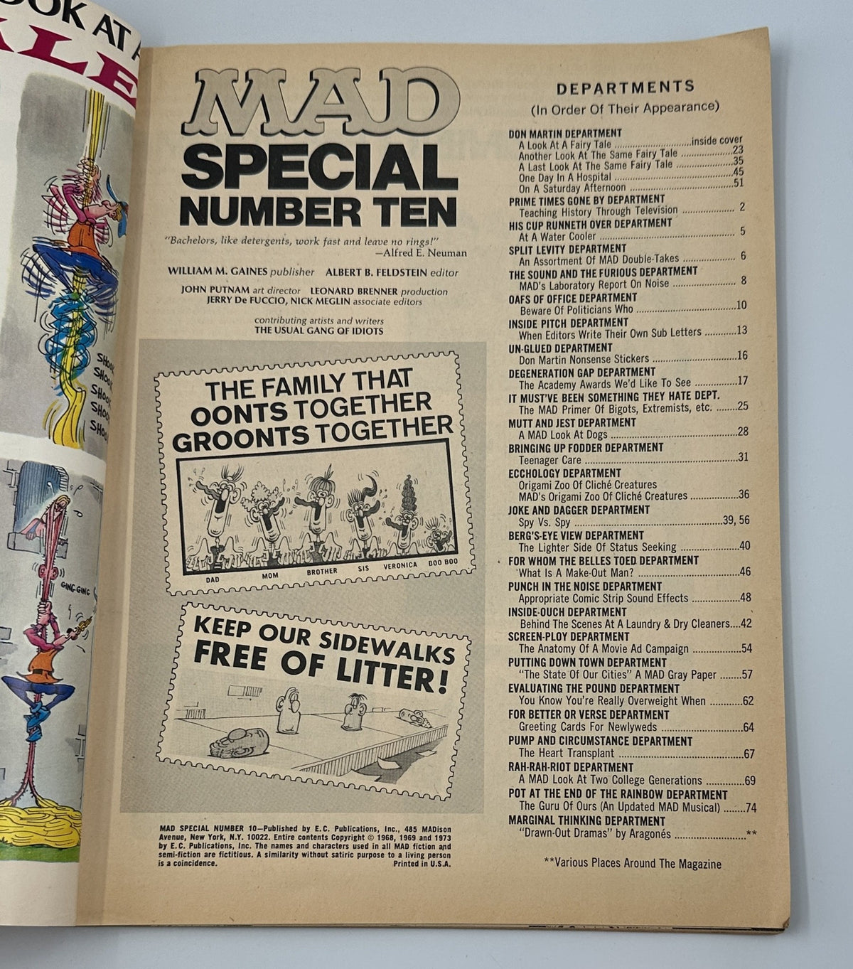 Interior page of MAD Magazine Super Special No. 10 showing the Table of Contents, listing various departments and features, with a playful illustration and layout typical of the magazine's style.