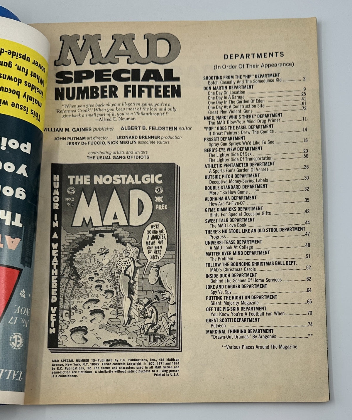 Interior page of MAD Magazine Super Special No. 15 showing the table of contents and departments, highlighting various humorous sections.