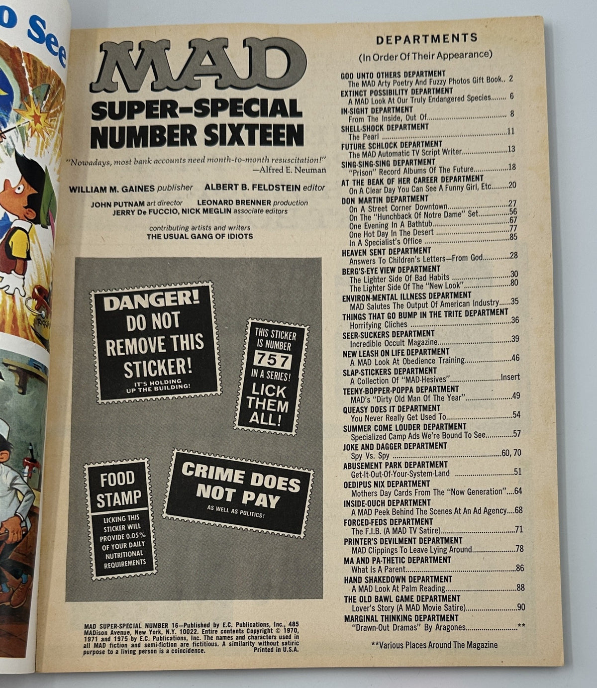 Inside page of MAD Magazine Super Special No. 16 displaying the Table of Contents along with humorous messages and warnings about sticker removal, in a vintage magazine style.