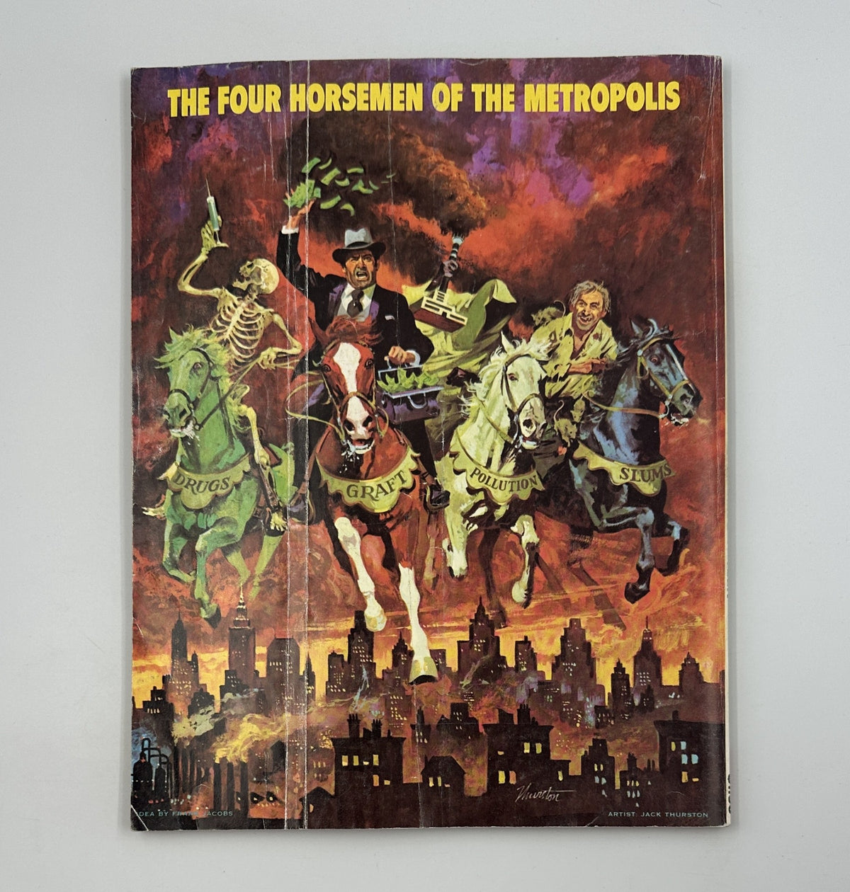 Cover of MAD Magazine No. 18 from 1975 featuring 'The Four Horsemen of the Metropolis' with vibrant artwork illustrating characters representing drugs, graft, pollution, and slums against a city skyline backdrop.