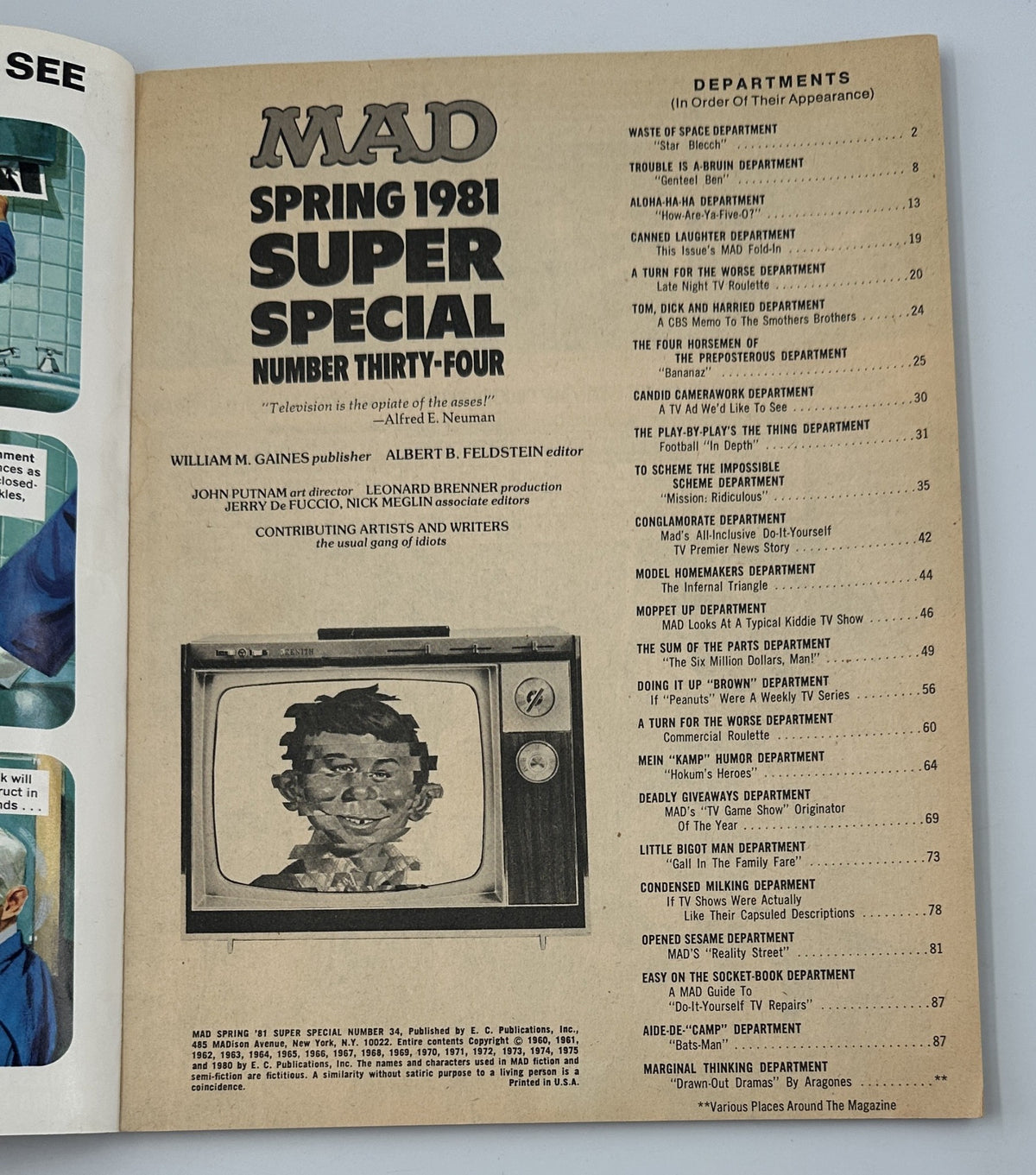 Table of Contents for MAD Magazine Super Special No. 34 Spring 1981, listing various departments and articles related to television parodies and satire.