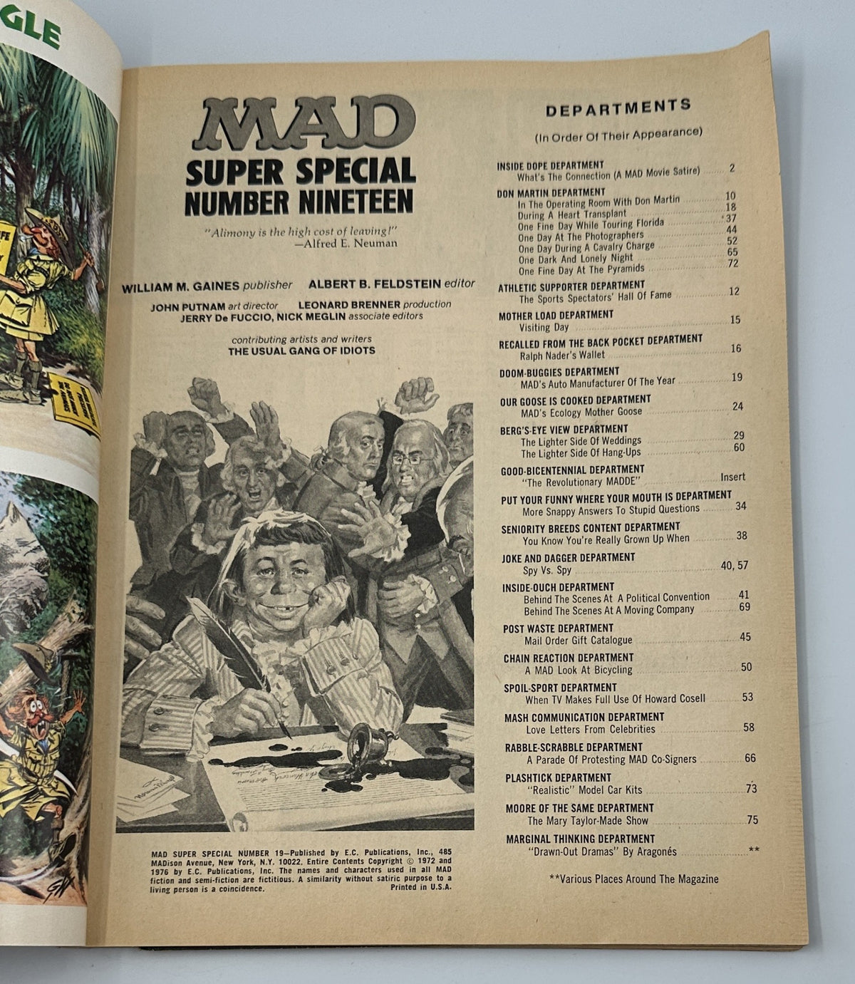 Inside page of MAD Magazine Super Special No. 19 displaying the table of contents with sections listed in order of appearance, highlighting various departments and contributors.