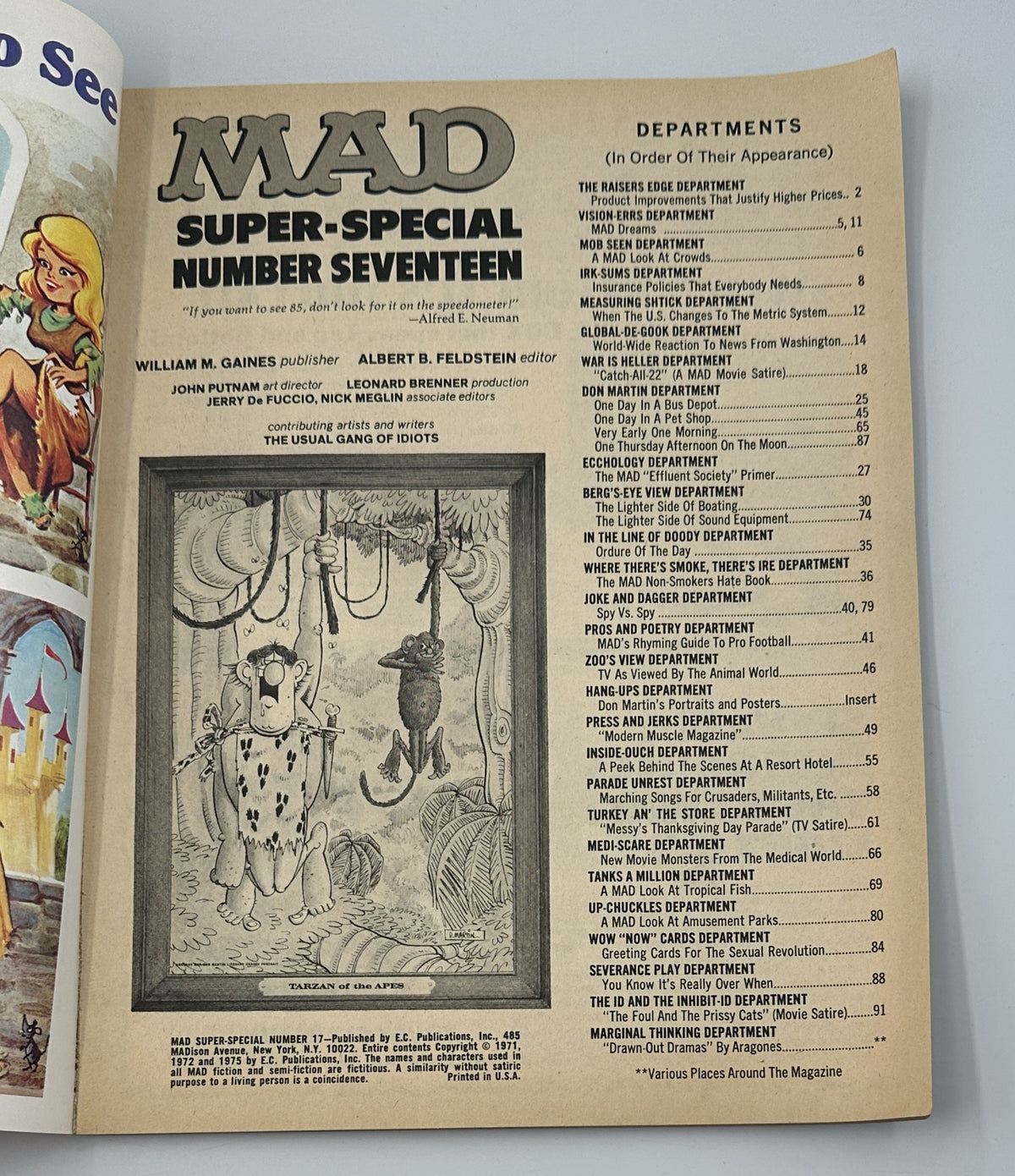 Inside page of MAD Magazine Super Special No. 17 displaying the Table of Contents and departmental listings with illustrations.