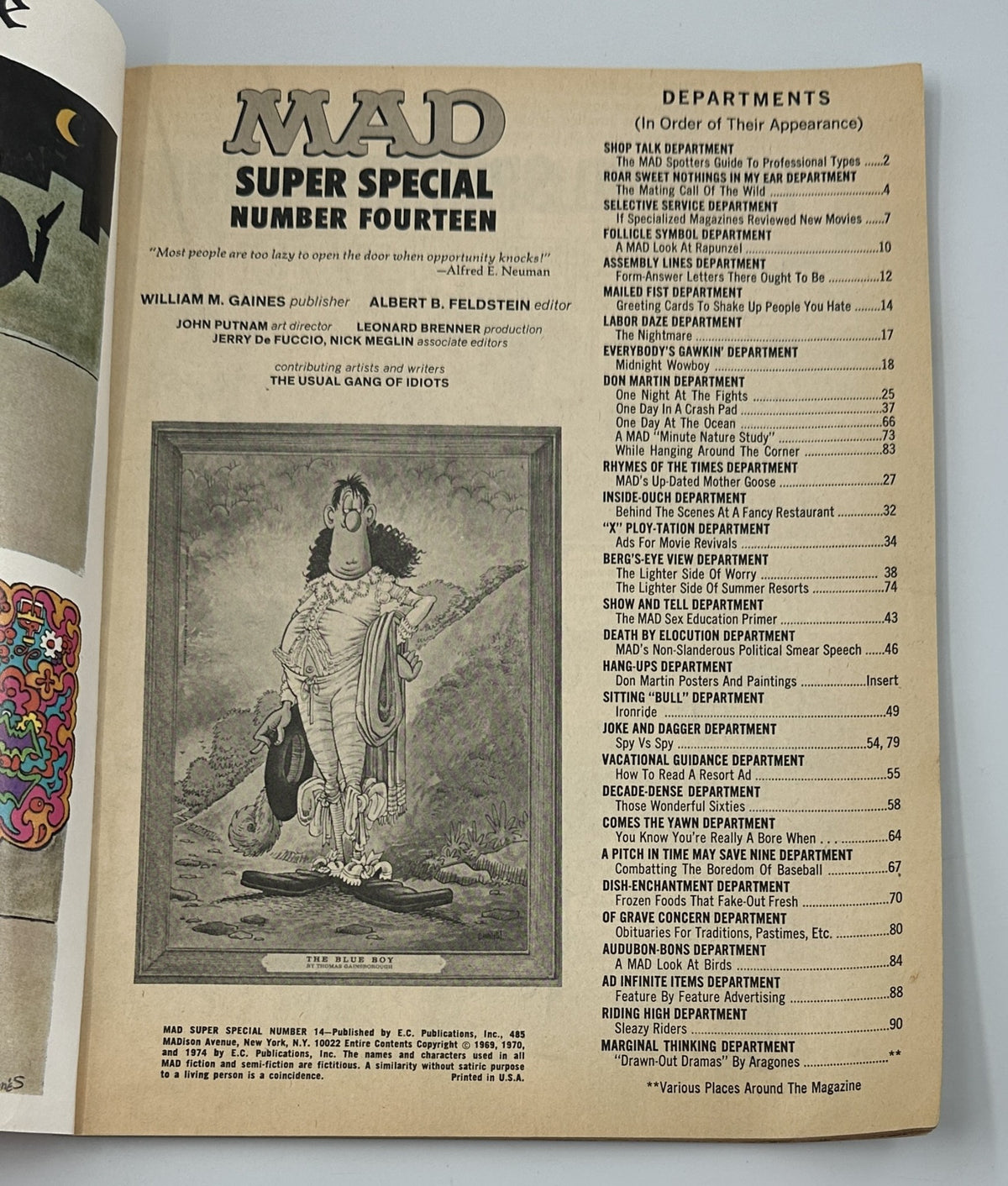 Inside page of MAD Magazine Super Special No. 14 showing the Table of Contents, listing various departments and articles in the issue.