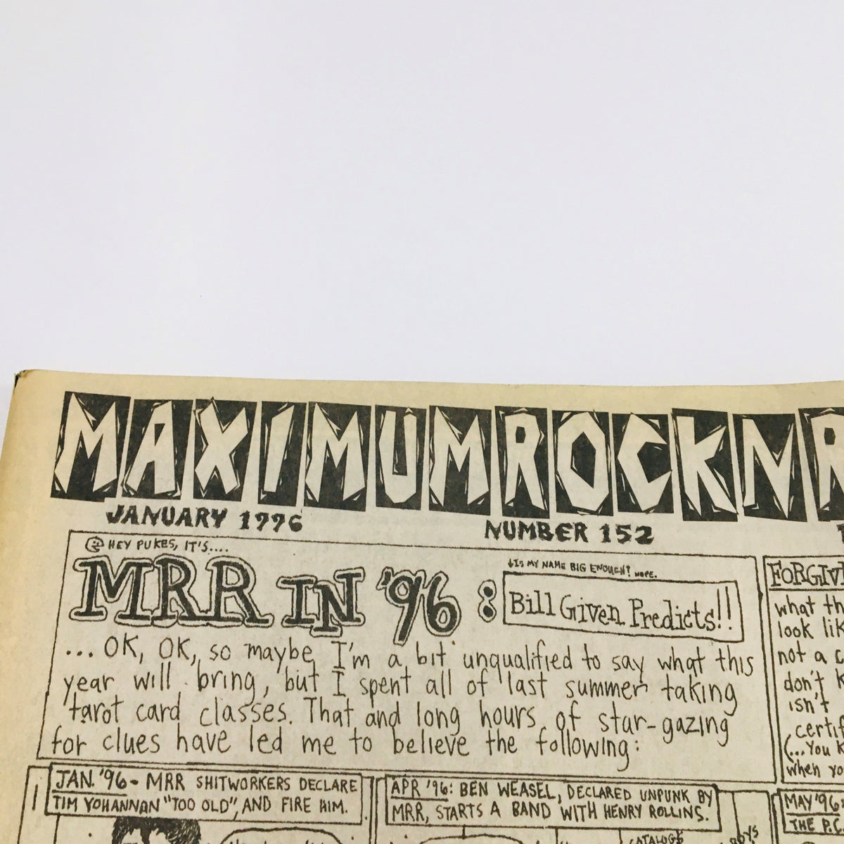 Close-up view of the top section of Maximum RocknRoll Magazine January 1996 #152 showcasing the magazine title and predictions feature.