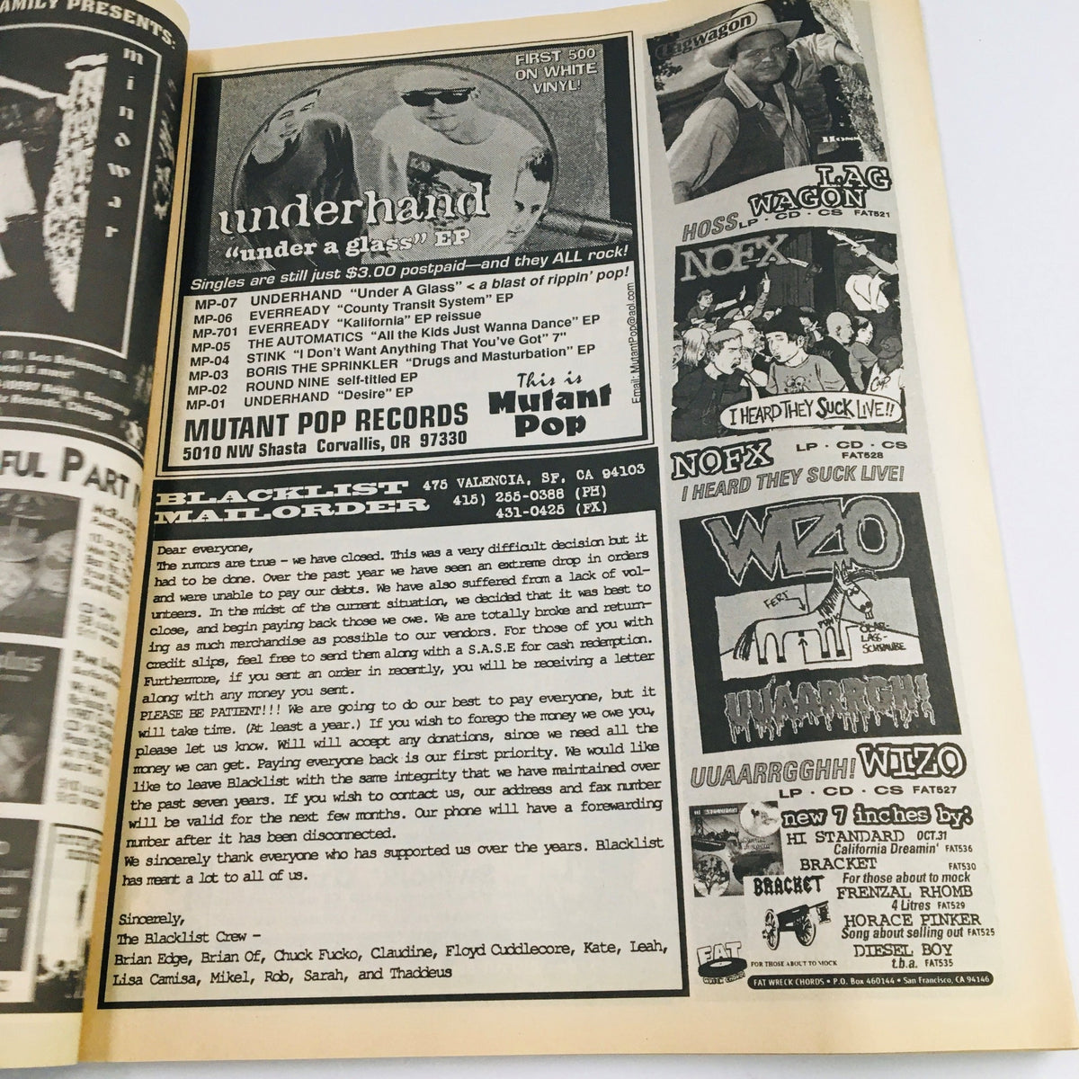 Interior page featuring advertisements from Maximum RocknRoll Magazine January 1996 #152 Underhand Musical Group, showcasing various punk albums and mailorder information.