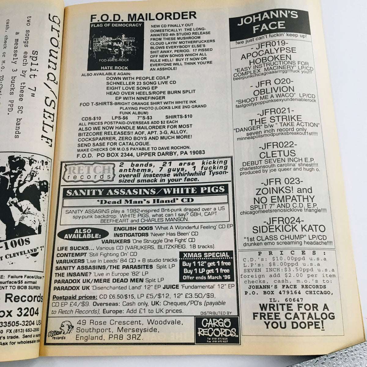Interior page of Maximum RocknRoll Magazine January 1996 #152 Underhand Musical Group, displaying classified ads and mailorder listings related to punk music.