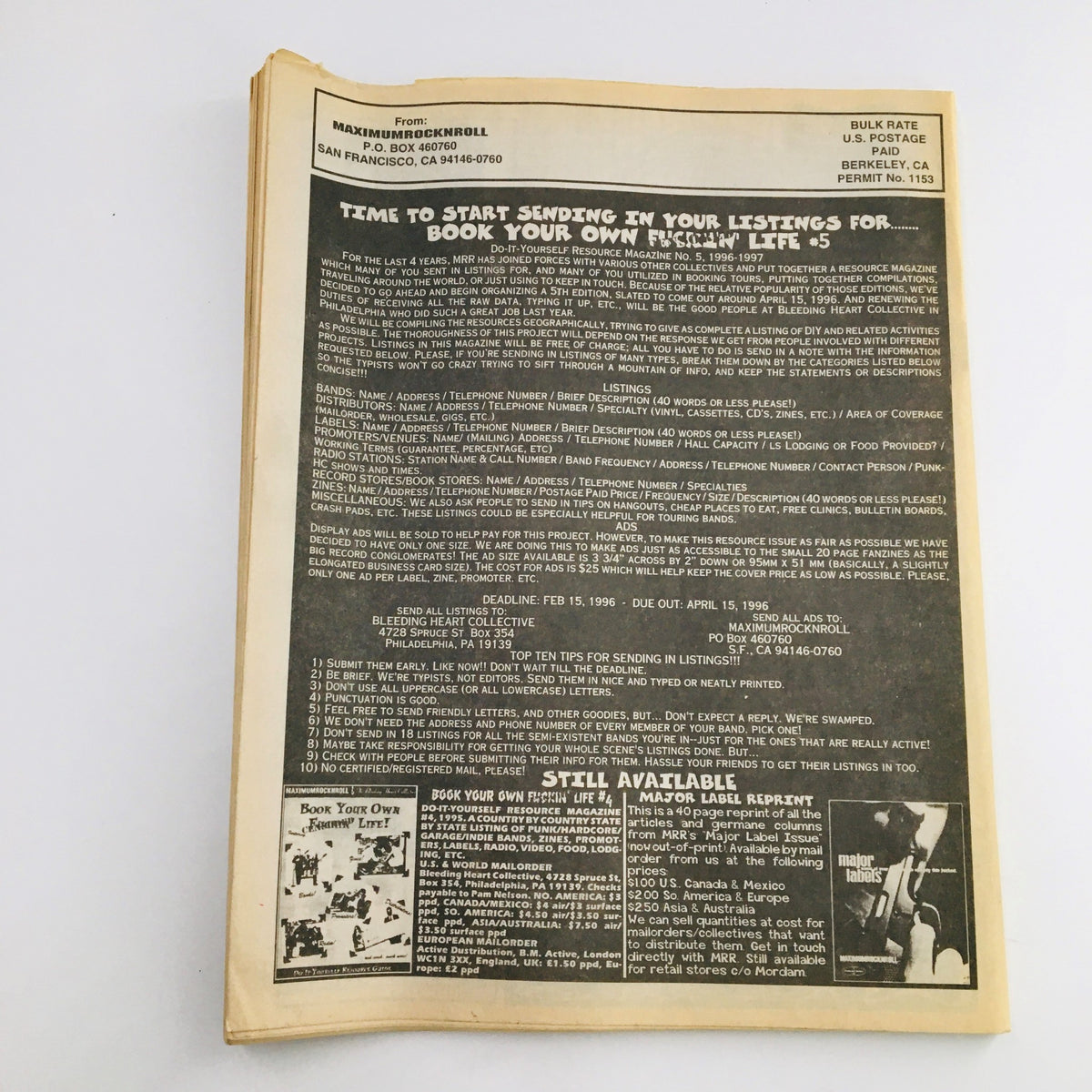 Back cover of Maximum RocknRoll Magazine January 1996 #152 Underhand Musical Group, featuring call for submissions and listings for upcoming punk events.