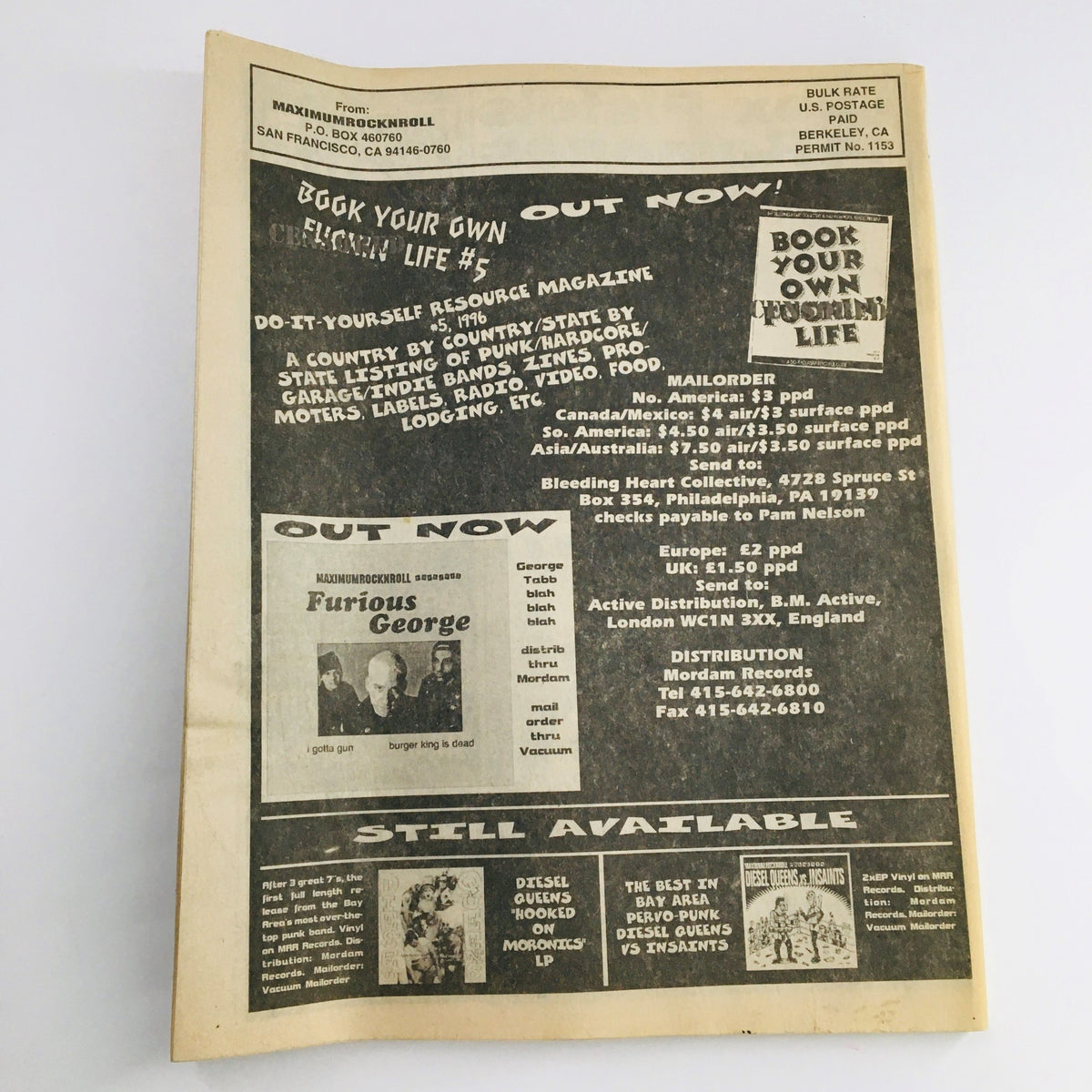 Back cover of Maximum RocknRoll Magazine June 1996 #157 highlighting new releases and punk music resources.